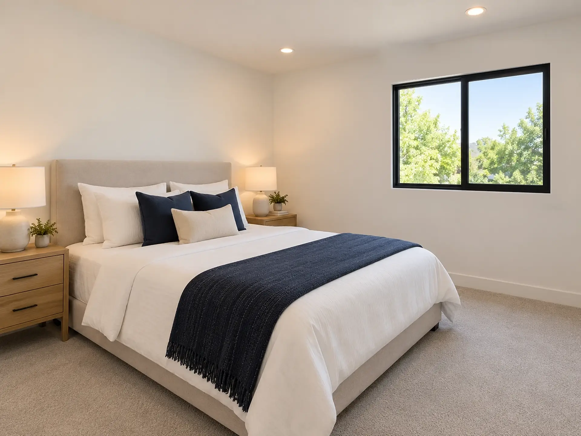 Rendering of the ADU 1200-2 bedroom 2: a queen bed with a beige upholstered headboard against the left-hand wall, white bedding with navy and cream pillows and a navy knit throw, light-wood nightstands with white lamps on both sides, and a wide black-framed sliding window on the front wall at the right.