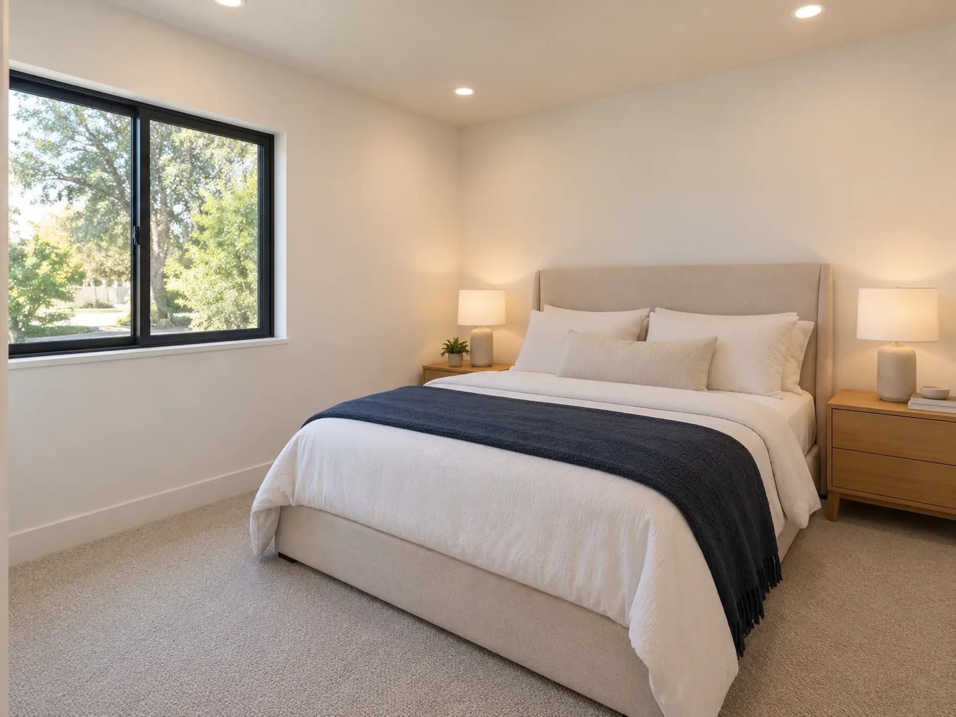 Rendering of the ADU 1200-2 bedroom 3: a queen bed with a beige upholstered headboard against the right-hand wall, white bedding and a navy knit throw, light-wood nightstands with white lamps on both sides, a wide black-framed sliding window on the left wall, and light gray carpet.