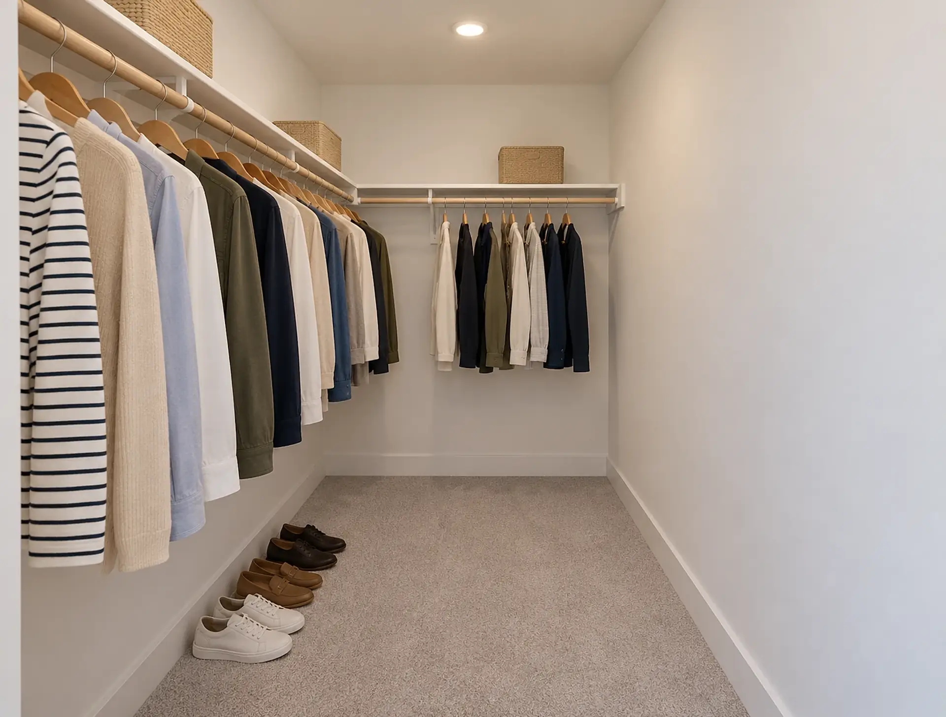 Rendering of the ADU 1200-2 walk-in closet: a white shelf with a light-wood hanging rod along the left-hand wall and across the far wall, shirts and sweaters on wood hangers, woven baskets on the shelves, shoes on the carpet below, and the right-hand wall plain white.