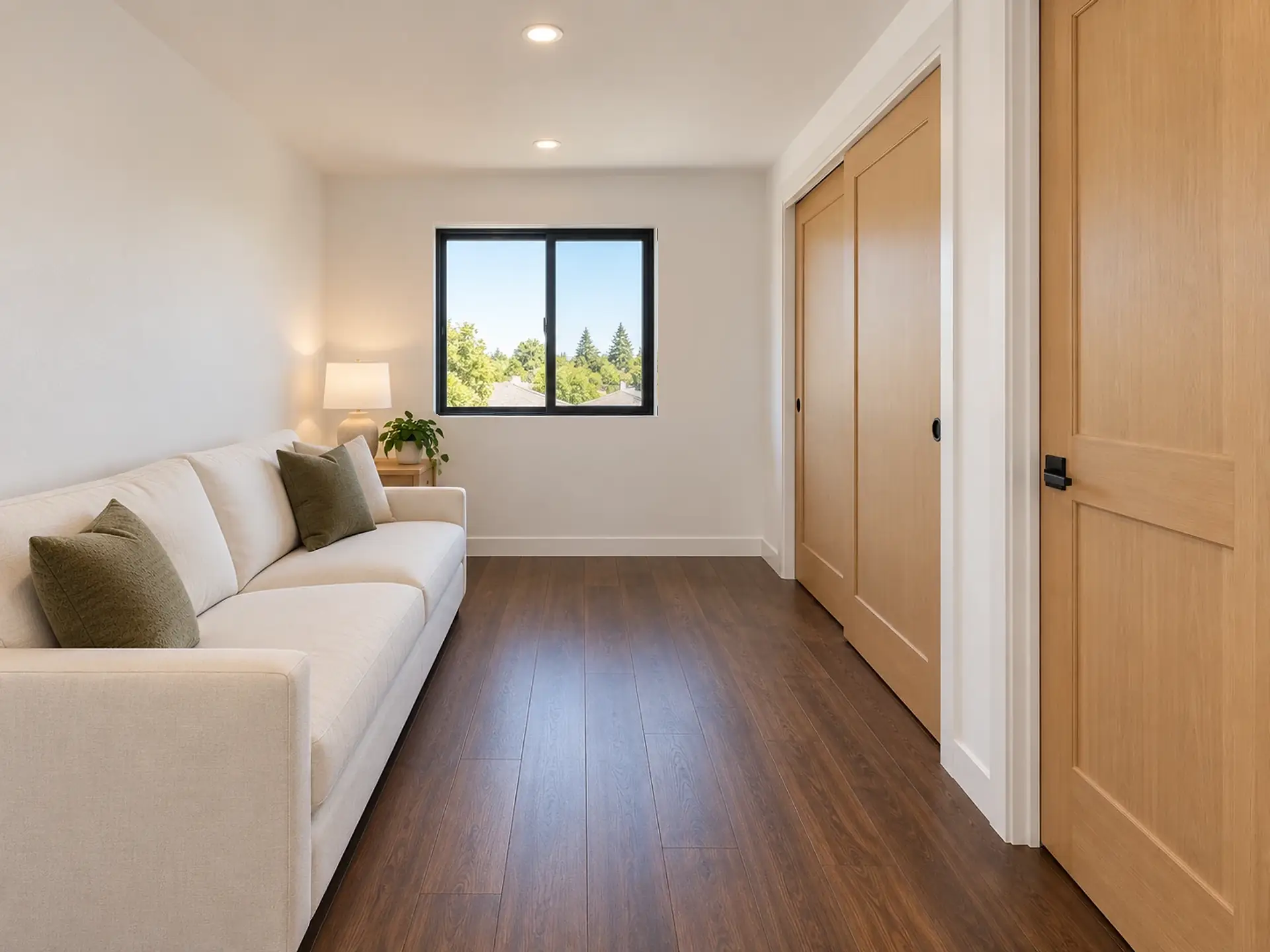 Rendering of the ADU 1200-2 loft from the top of the stair: a white sofa with olive and cream pillows against the left-hand wall, a light-wood end table with a lamp in the far corner, a black-framed sliding window centered on the end wall, and on the right a closet’s light-oak sliding doors and, nearest, the closed light-oak door to bedroom 2.