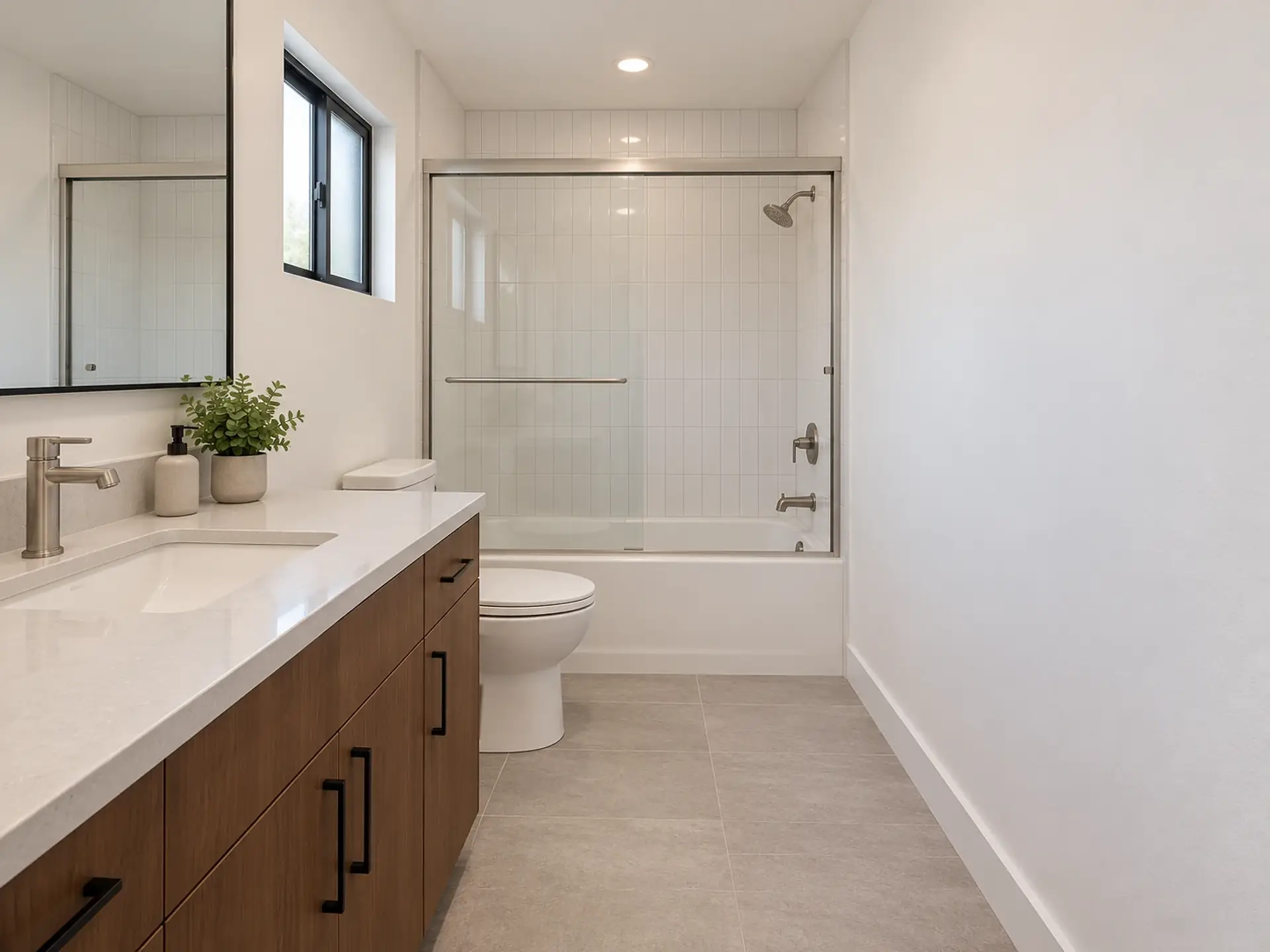 Rendering of the ADU 1200-2 primary bath: a walnut vanity with a white quartz top and one sink along the left wall under a black-framed mirror, the toilet past it under a small black-framed window set high, and a white tub with a shower across the far end, behind a glass sliding door, with white tile to the ceiling and a light gray tile floor.