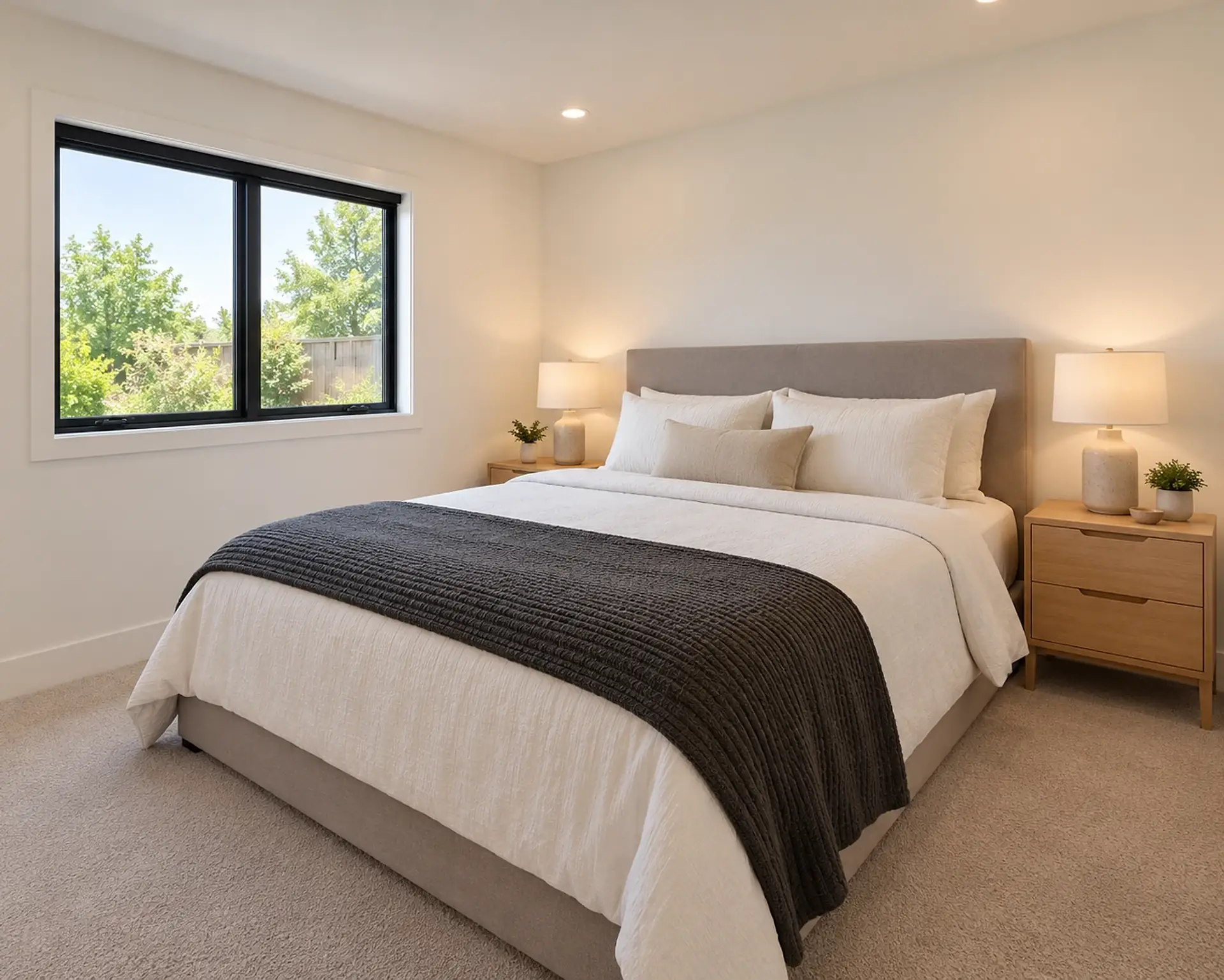 Rendering of the ADU 1200 bedroom 2: a queen bed with a gray upholstered headboard, white bedding and a charcoal knit throw against the right-hand wall, light-wood nightstands with lamps, and a black-framed sliding window on the left wall.
