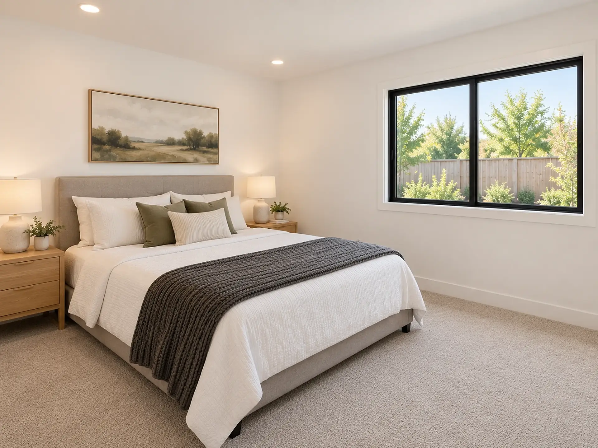 Rendering of the ADU 1200 bedroom 3: a queen bed against the left-hand wall under a landscape painting, light-wood nightstands with lamps, and a black-framed sliding window on the right-hand wall.