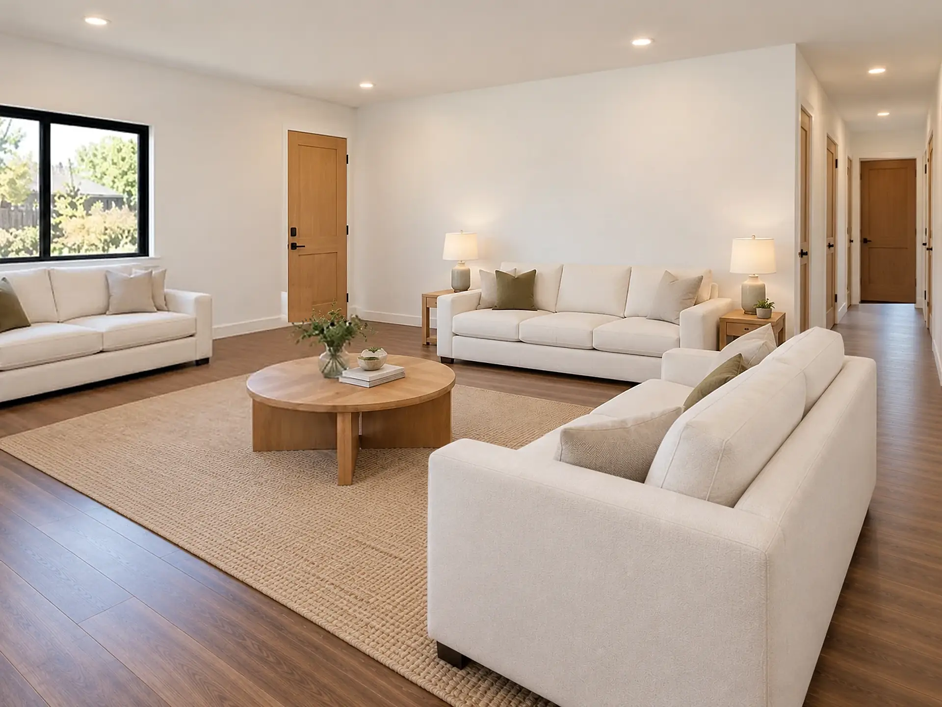 Rendering of the ADU 1200 great room toward the front: a white sofa under a black-framed window on the left, the light-oak front door in the front wall beside the corner, a second sofa between two lamps, a round coffee table on a jute rug, the back of a third sofa in front, and the hall opening on the right with oak doors along it.