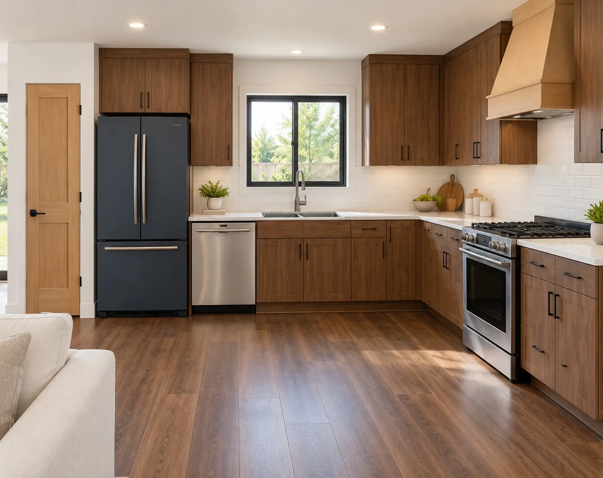Rendering of the ADU 1200 kitchen: walnut cabinets in an L, a navy French-door refrigerator beside the pantry’s light-oak door, a stainless dishwasher, the double sink under a black-framed window, and a stainless range under a light-oak hood on the right, with the arm of a white sofa in front.