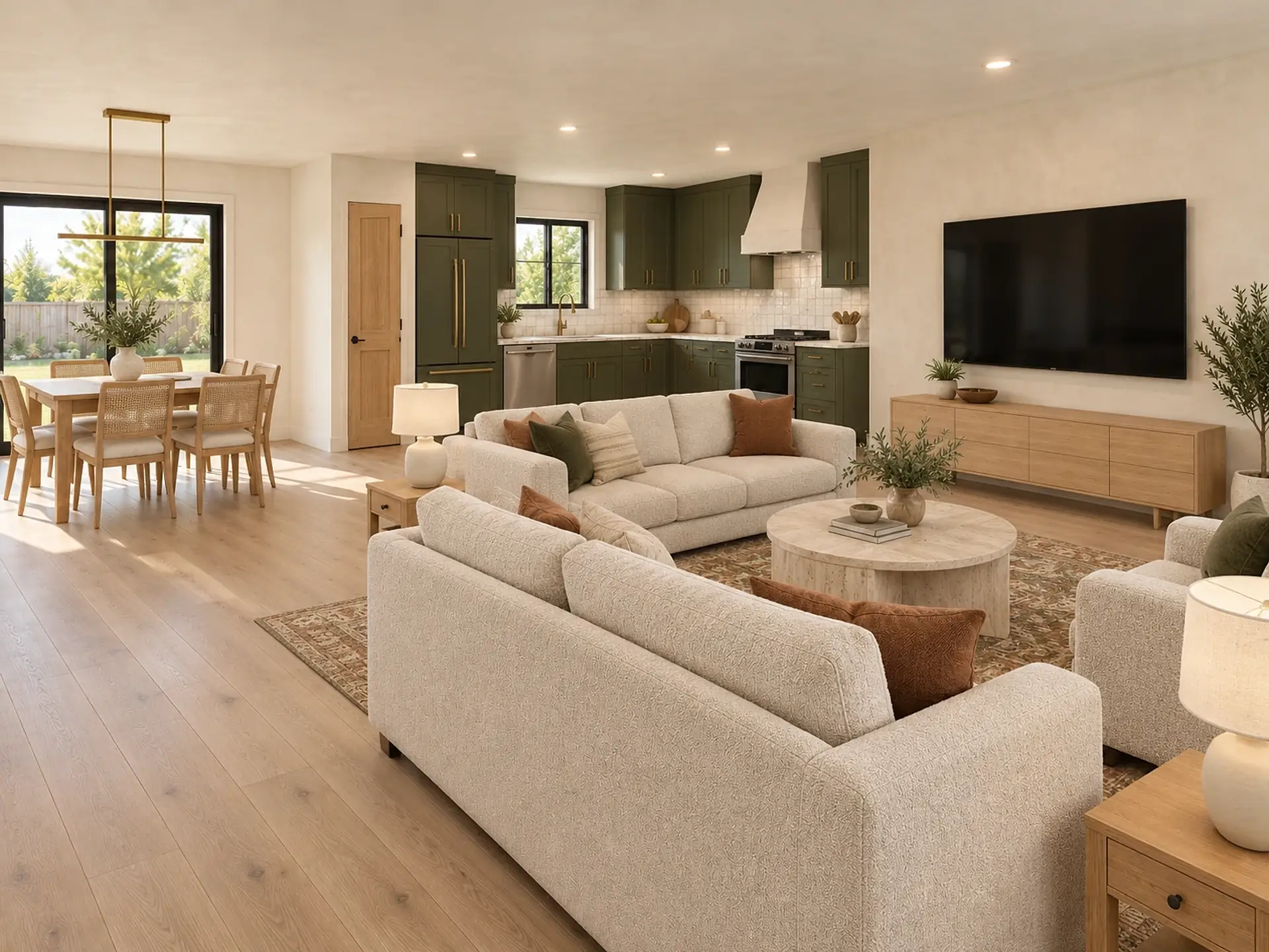 Rendering of the ADU 1200 great room and kitchen in the Olive and Oak finishes, from beside the front door: oatmeal bouclé sofas with rust and olive pillows around a round travertine coffee table on a rust and olive rug, the TV on the end wall over a white-oak console, the kitchen in the far corner with olive cabinets and brass pulls, a cream zellige backsplash, an olive-paneled refrigerator, the sink under a black-framed window and the range under a warm-white plaster hood, and on the left a white-oak dining table with cane-back chairs under a brass linear pendant, in front of a black-framed sliding glass door.