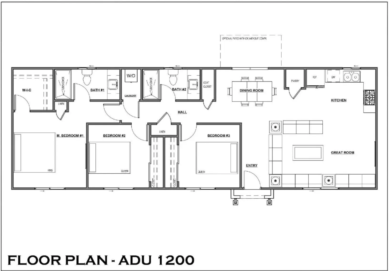 Floor plan of the ADU 1200, one story, 60 × 20 ft. At one end, the primary bedroom with a walk-in closet and a bath. Down the hall: bedrooms 2 and 3, the hall bath, the laundry, a linen closet and a coat closet. At the other end, the dining room with a sliding door, the L-shaped kitchen with a pantry, and the great room with the entry.