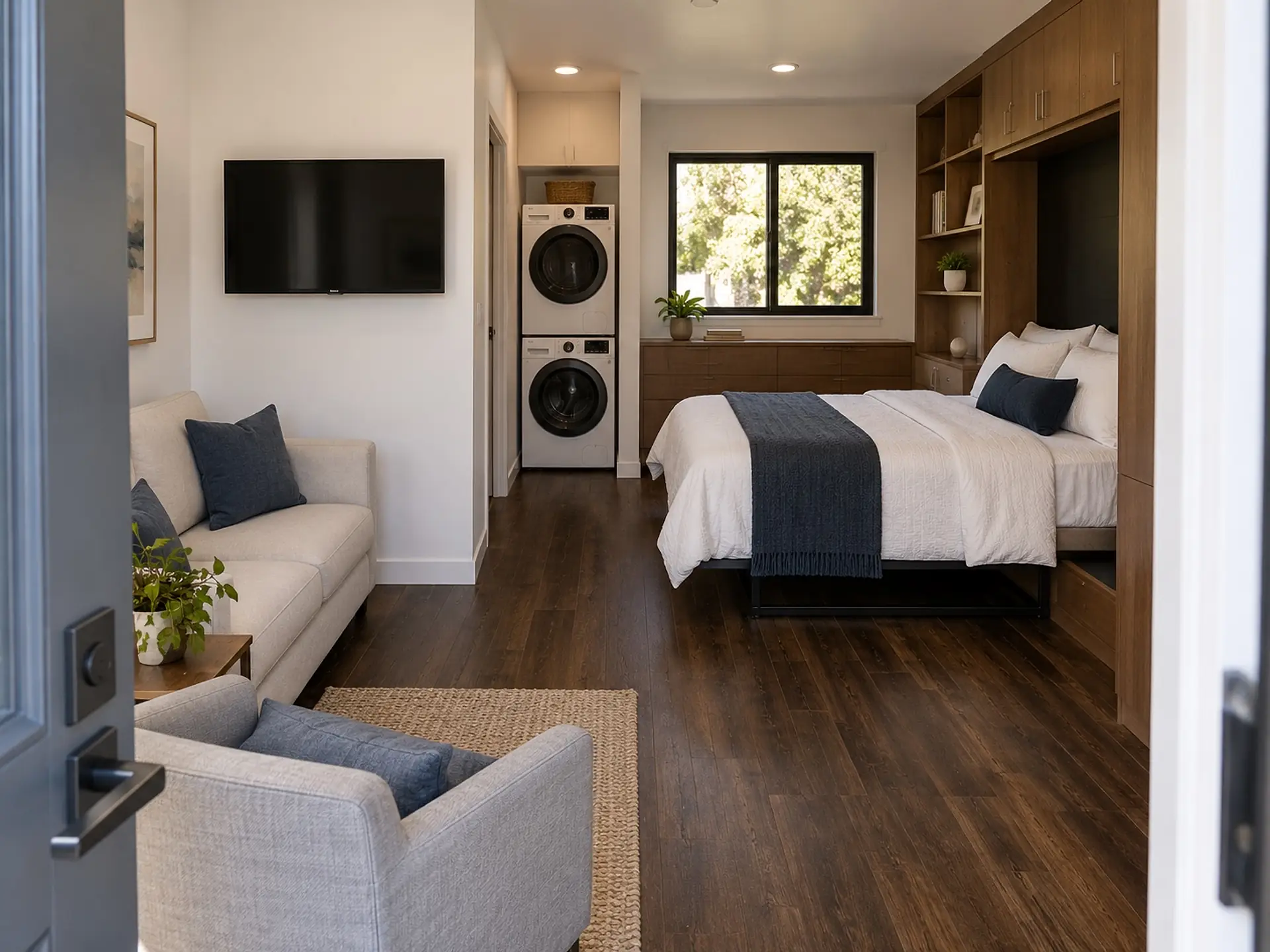 Rendering from the ADU 256 front door with the wall bed folded down: sofa and armchair in front, bed along the right wall, stacked laundry and a window at the far end.