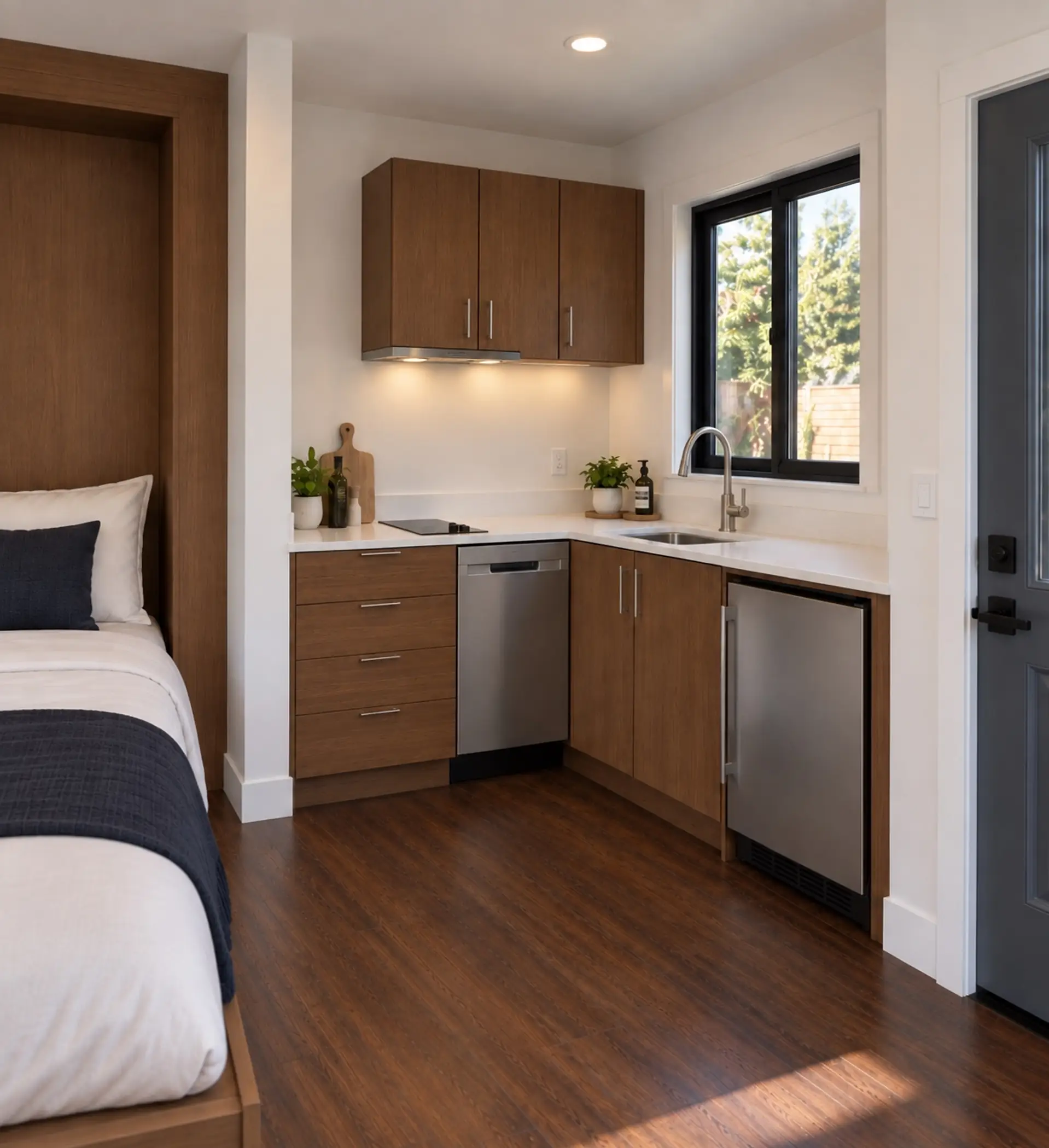 Rendering of the ADU 256 kitchenette: walnut cabinets, dishwasher and under-counter fridge, a window over the sink, with the fold-down bed in the foreground.