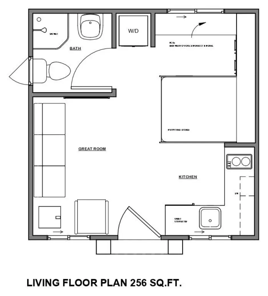 Floor plan of the ADU 256: bath and washer-dryer closet across the back, great room with sofa on the left, double Murphy bed on the right, kitchen in the front right corner, entry door in the middle of the front wall.