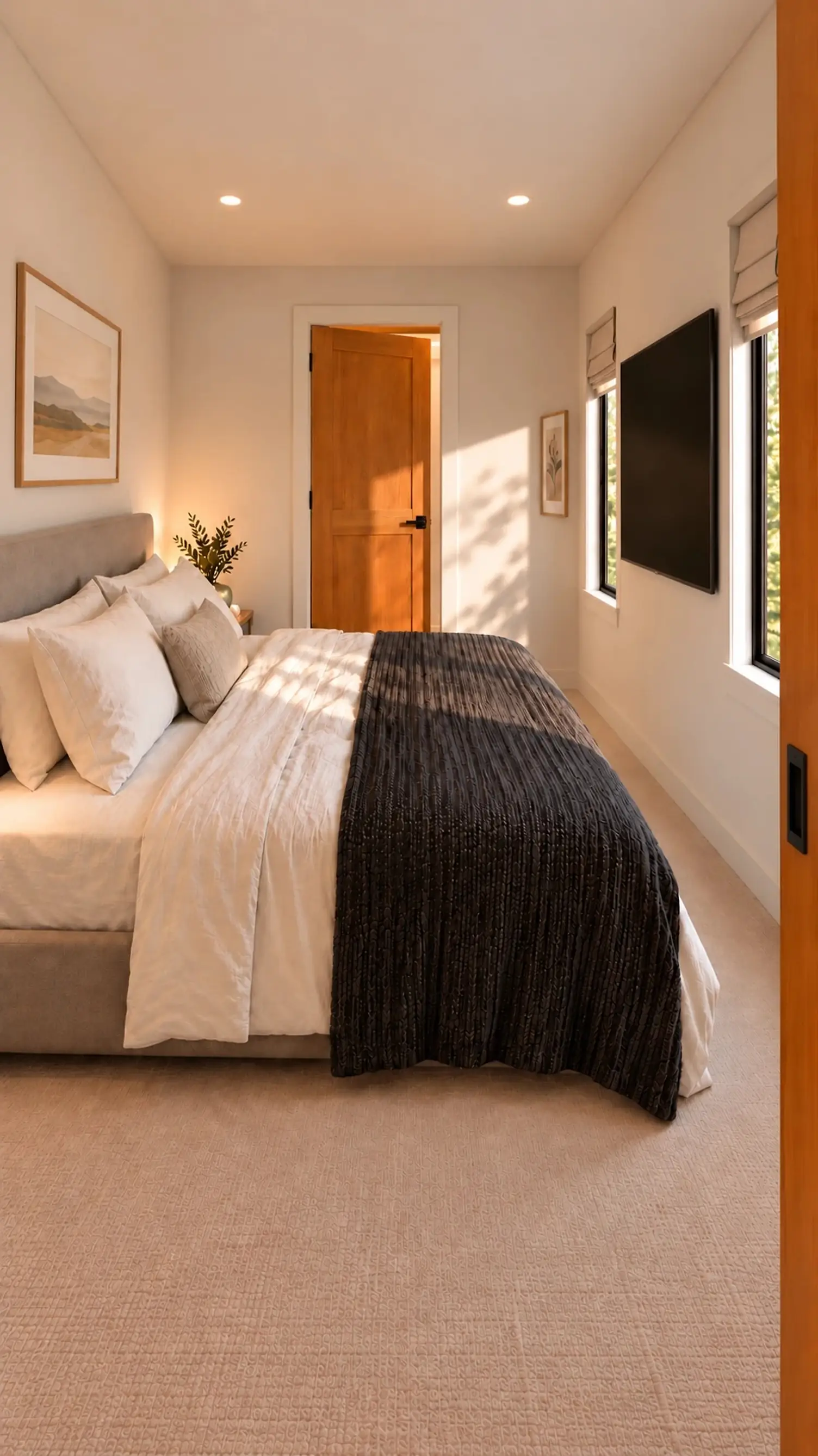 Rendering of the ADU 360 bedroom from its doorway: a queen bed with a dark knit throw on the left, two narrow windows with a TV between them on the right wall, and the bath door ahead.