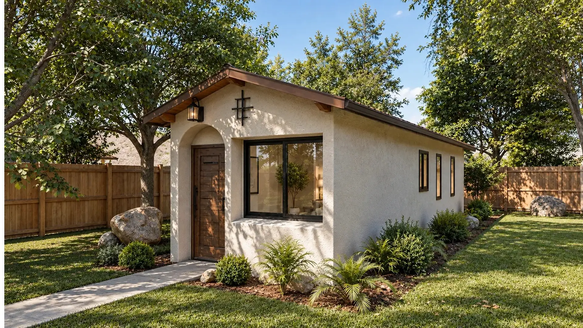 Rendering of the ADU 360 exterior from a three-quarter angle: cream stucco, an arched entry with a wood door, a wide front window, and three narrow windows down the long side wall.