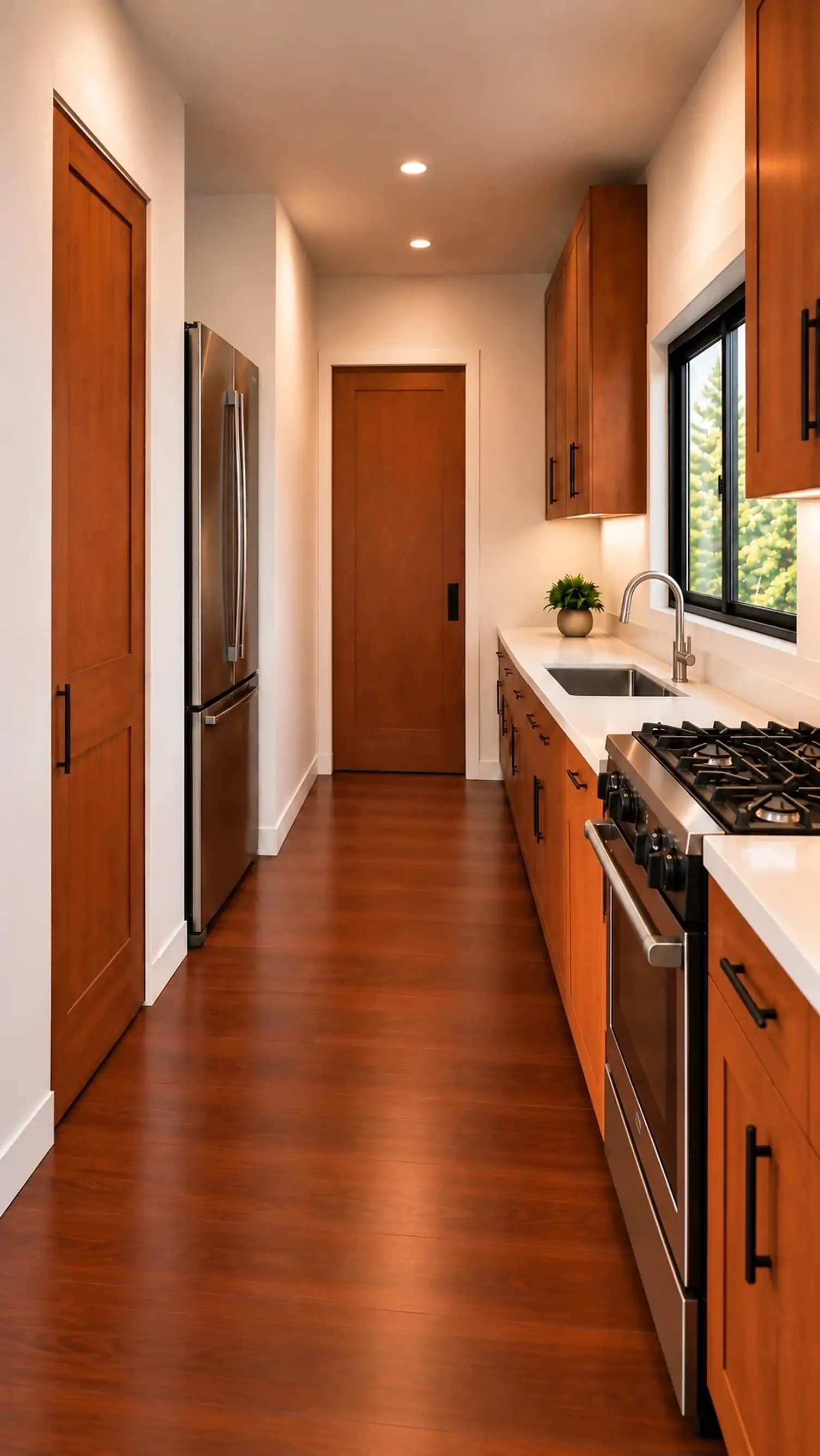 Rendering of the ADU 360 galley kitchen looking toward the bedroom: laundry closet door and a stainless fridge on the left, range and sink under the window on the right, and the closed pocket door at the end.