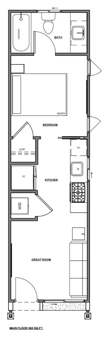 Floor plan of the ADU 360: a long narrow unit with the great room at the front, a galley kitchen with fridge and washer-dryer closet on one side and sink, range and dishwasher on the other, then the bedroom with a closet, and the bath at the back.