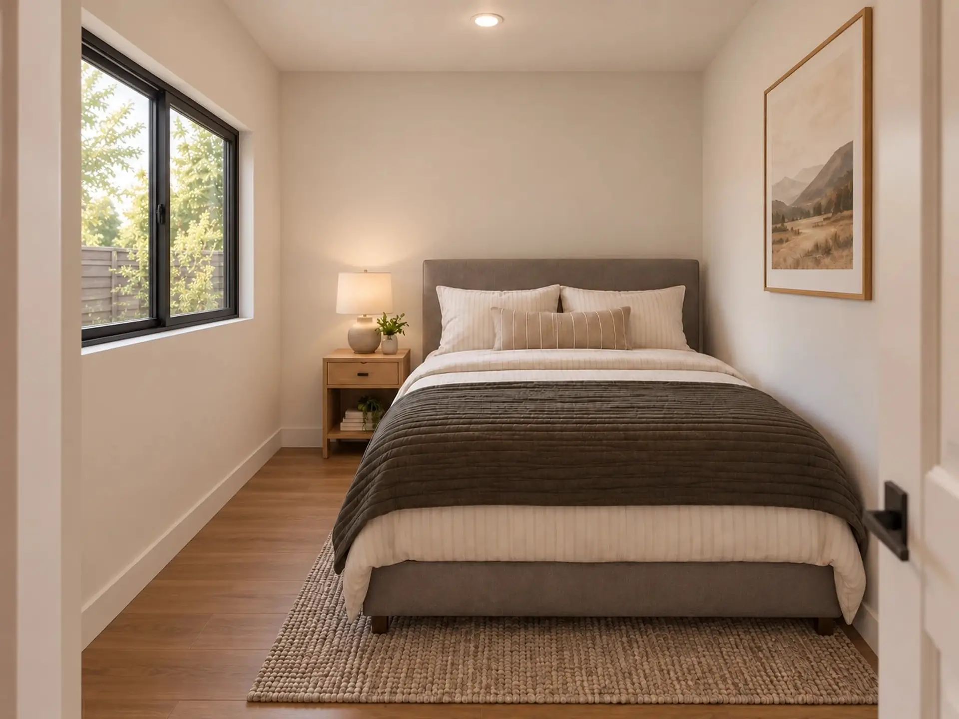 Rendering of the ADU 483 bedroom: a queen bed against a plain back wall, a nightstand with a lamp, and a wide black sliding window on the left wall.