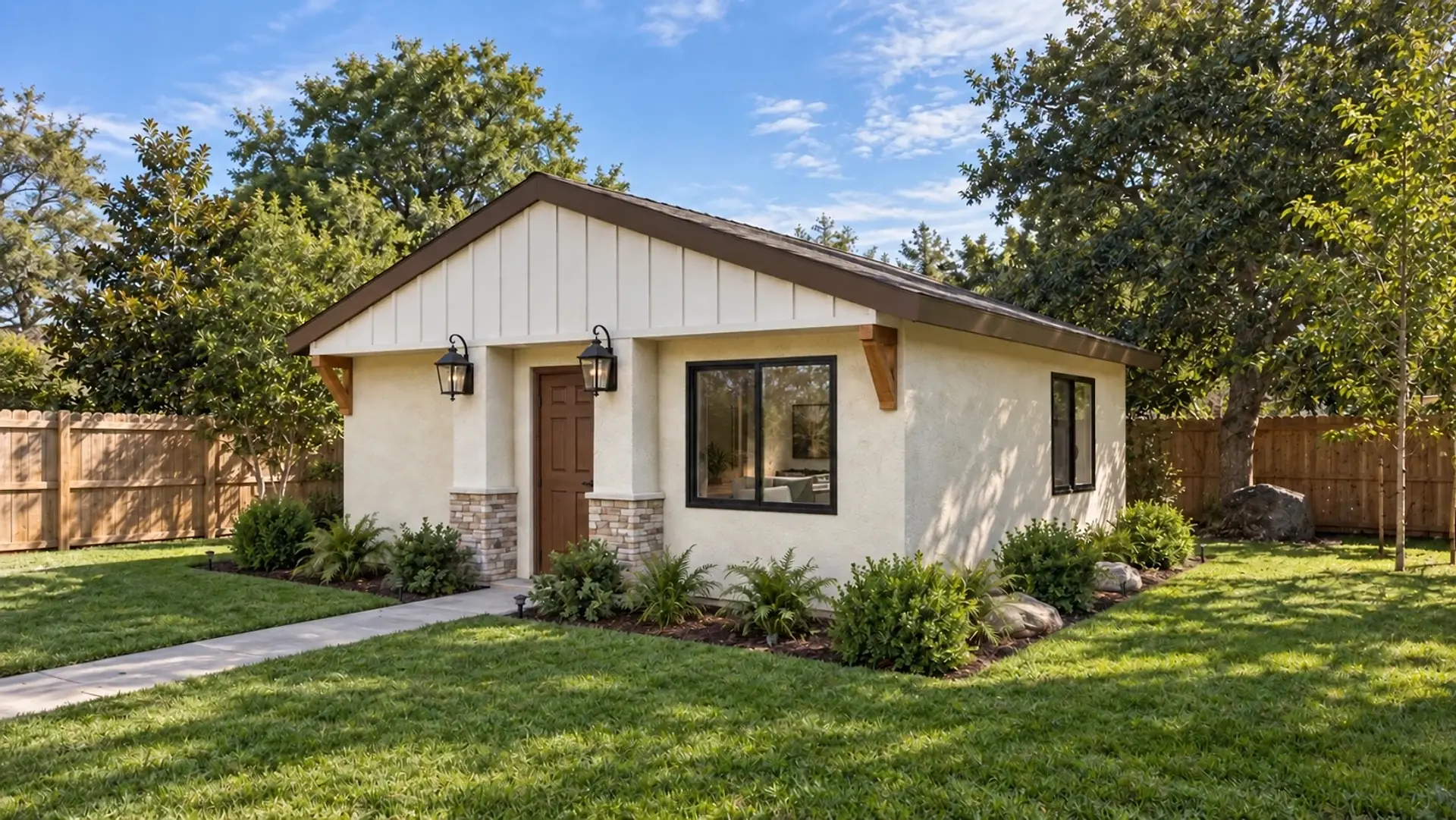 Rendering of the ADU 483 exterior in a fenced backyard: a gabled single-story unit with board-and-batten siding above cream stucco, stone accents, a wood front door and a large window beside it.