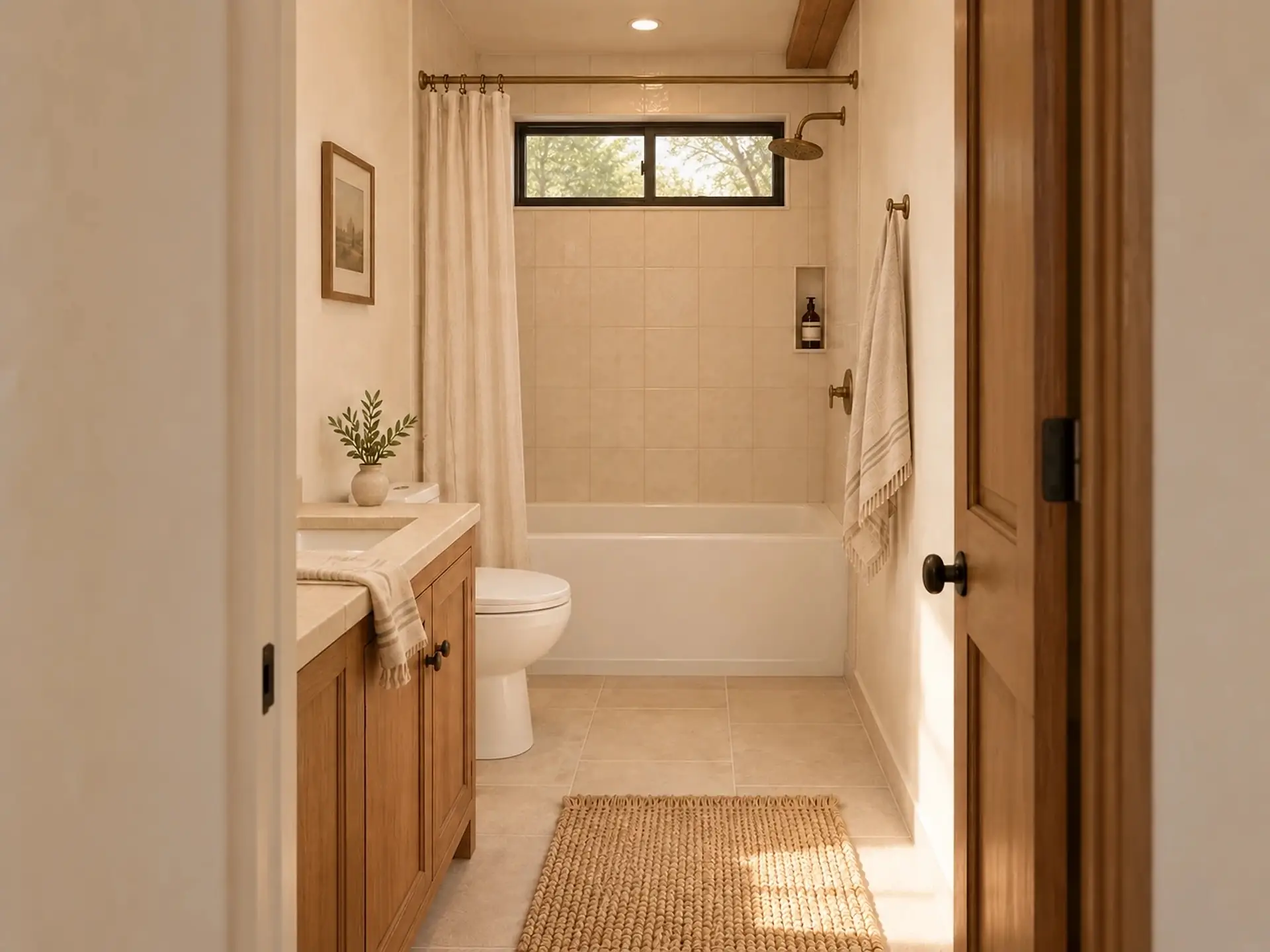 Rendering of the ADU 495 bathroom: a wood vanity and toilet on the left, a tub-shower across the back under a short black sliding window, with the shower at the right end.