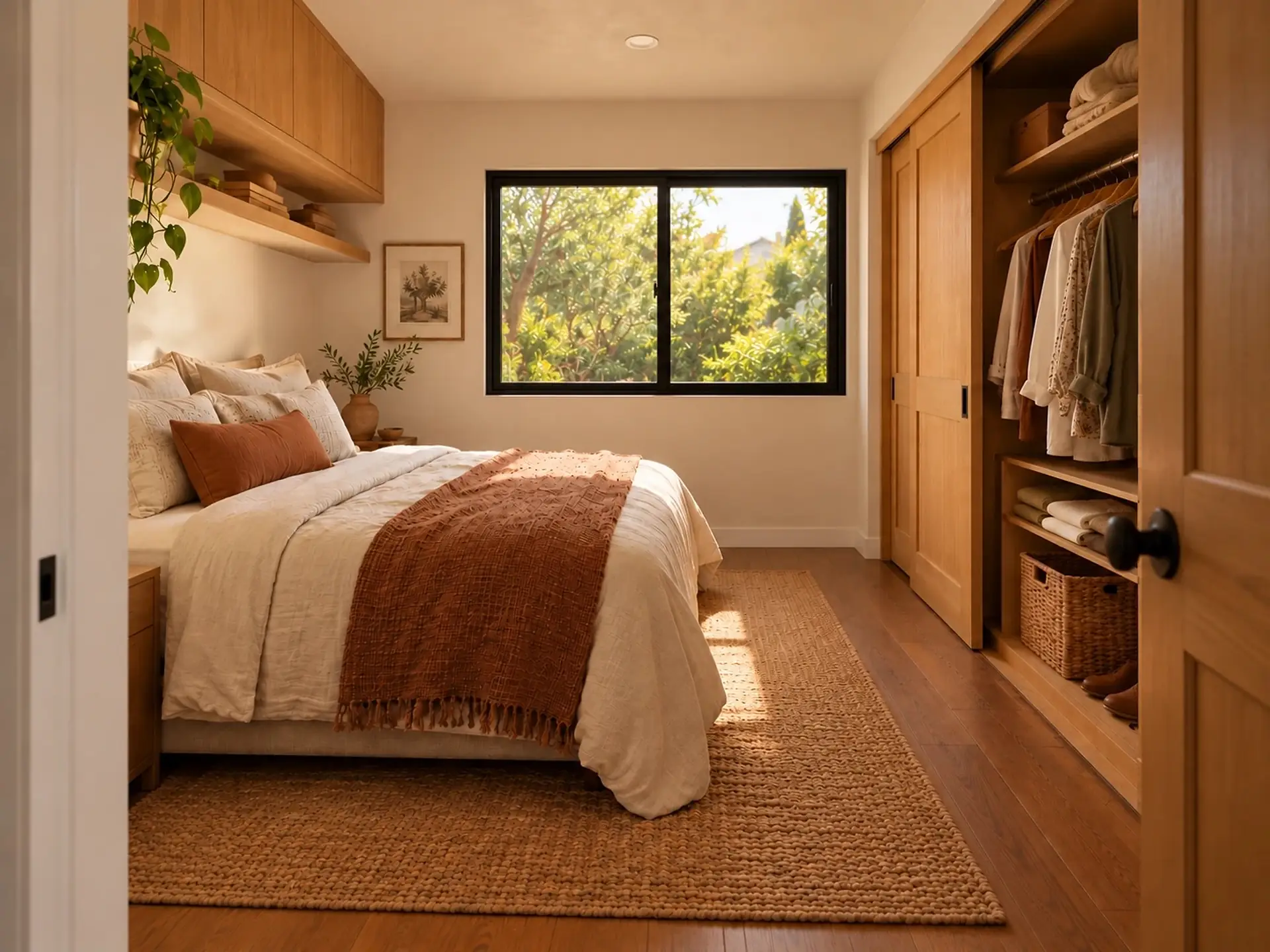 Rendering of the ADU 495 bedroom from its doorway: a queen bed on the left, a wide black sliding window on the end wall, and a full-length closet with sliding doors on the right.