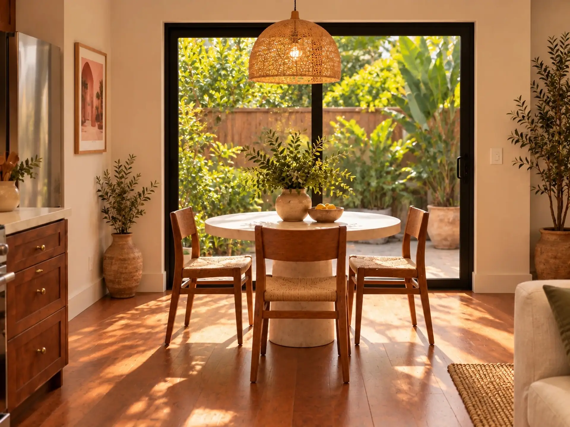 Rendering of the ADU 495 dining table: a round table with three woven chairs under a rattan pendant, in front of a sliding glass door onto a fenced patio with tropical plants.