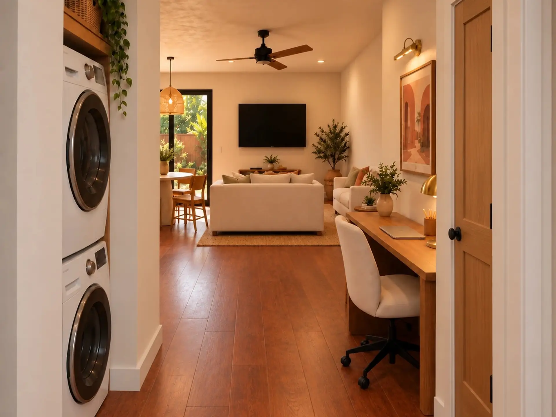 Rendering from the ADU 495 front door: the stacked washer and dryer in a niche on the left, a desk on the right wall, and the great room ahead with the sofa facing the TV and the dining table by the glass door.