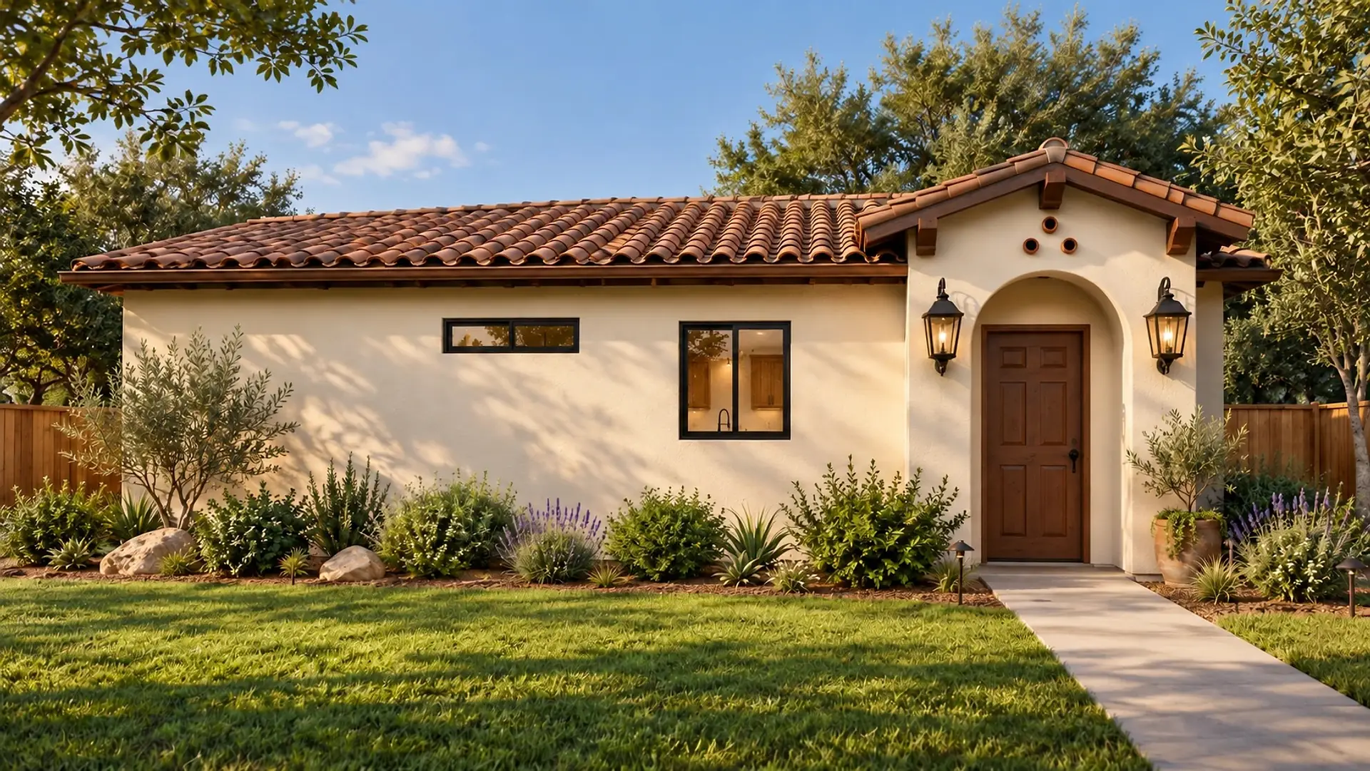 Rendering of the ADU 495 front at golden hour: cream stucco under a clay tile roof, a short window and a square window along the front wall, and a wood six-panel front door in an arched entry with a lantern on each side.