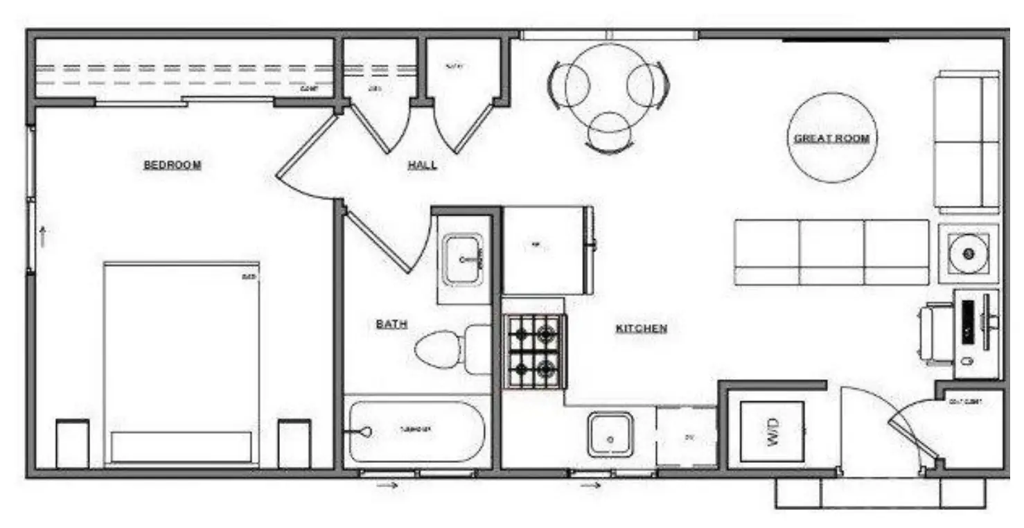 Floor plan of the ADU 495: bedroom with a full-length closet at one end, a short hall with two closets, the bath beside it, an L-shaped kitchen open to the great room, a sliding glass door by the dining table, and the front door with the washer-dryer and a coat closet beside it.