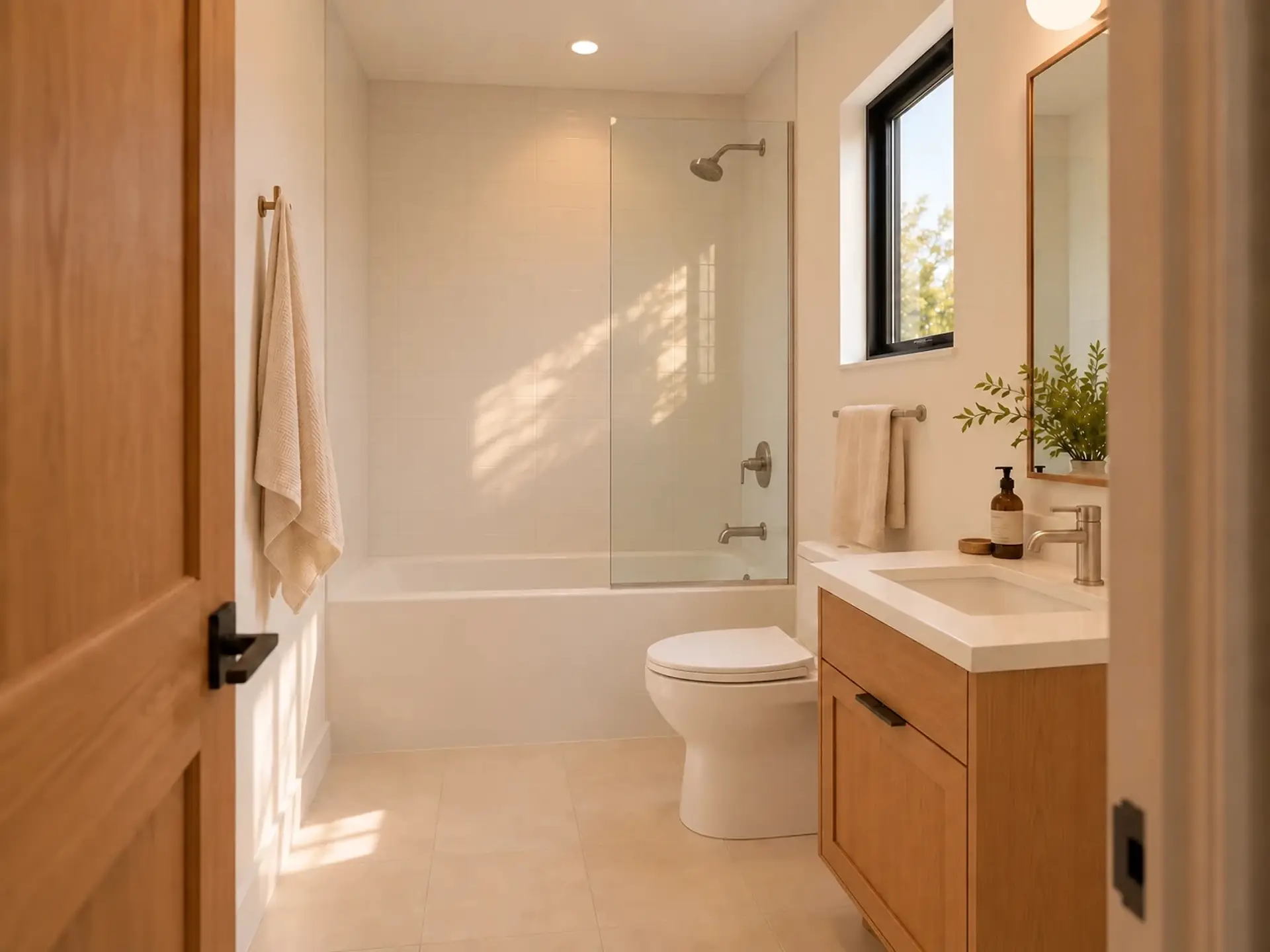 Rendering of the ADU 612 bathroom: a wood vanity and the toilet under a black window on the right, and a tub with a glass panel across the end.