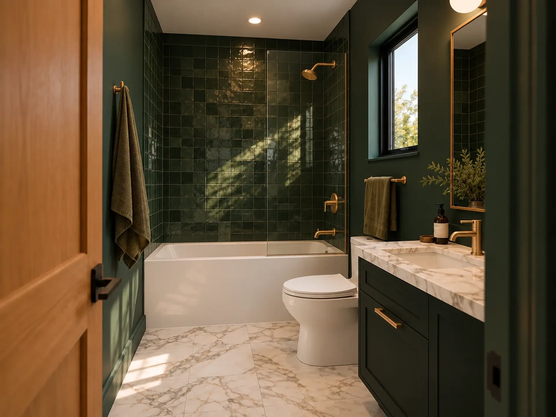 Rendering of the ADU 612 bathroom in the Forest Velvet finishes: bottle-green zellige around the tub with brass fittings, the toilet under the window, a black-green vanity with a marble top and a brass faucet, and a honed marble floor.