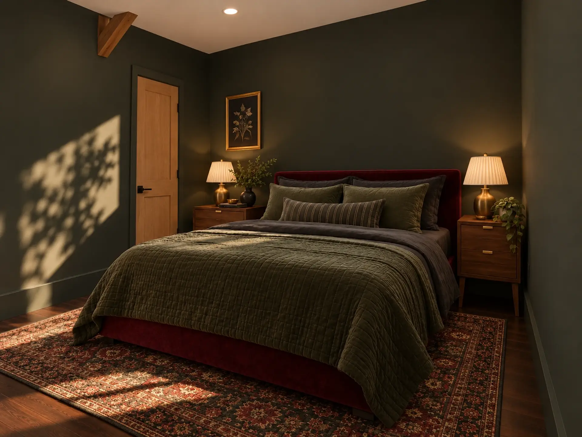 Rendering of the ADU 612 bedroom in the Forest Velvet finishes: a queen bed in oxblood velvet with olive and charcoal bedding between walnut nightstands with brass lamps, on a Persian-style rug, with charcoal walls and the light-oak door on the left wall.