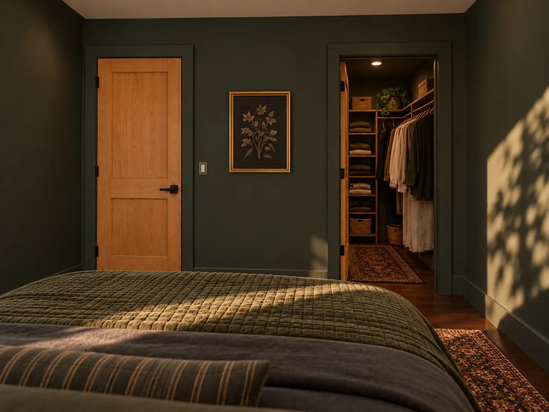 Rendering of the ADU 612 bedroom toward its doors in the Forest Velvet finishes: the light-oak door to the hall and the walk-in closet's door standing open onto walnut shelves, on a charcoal wall, with the bed's olive quilt in front.