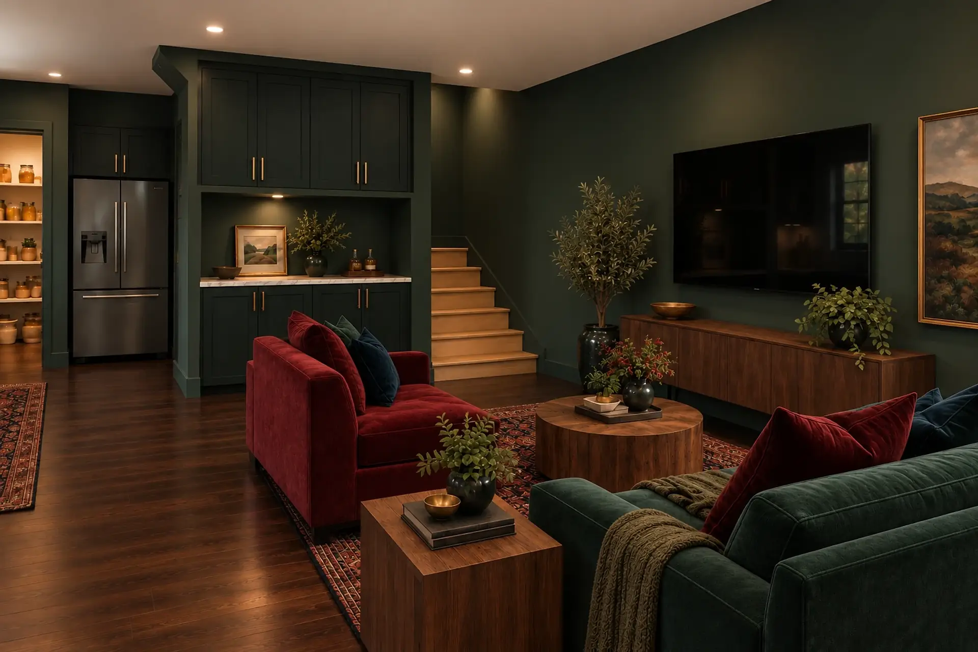 Rendering of the ADU 612 great room in the Forest Velvet finishes: an oxblood velvet chair and an emerald velvet sofa around a walnut drum table on a Persian-style rug, the TV over a walnut console on the forest-green wall, and the black-green built-in and the stair behind.
