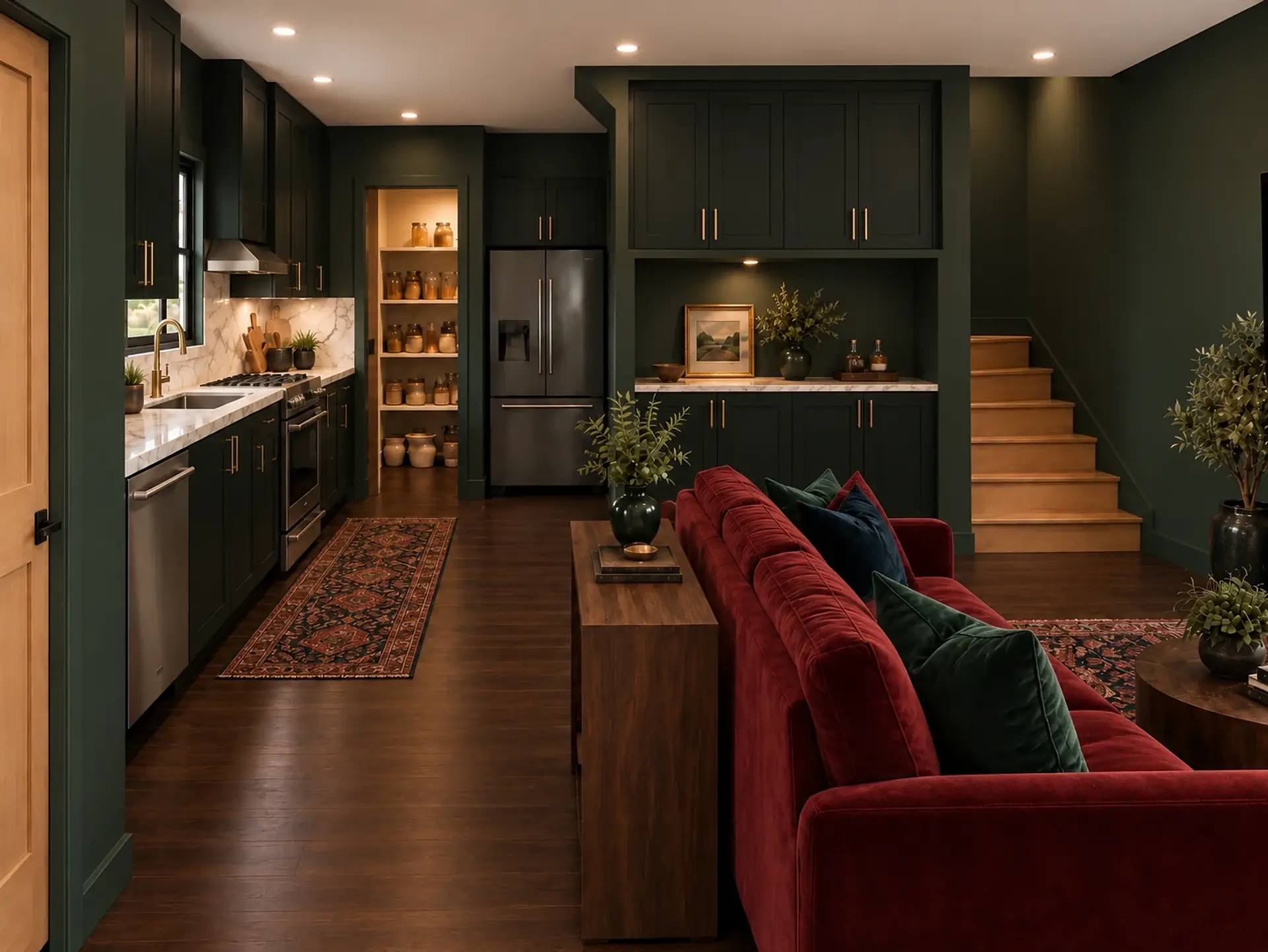 Rendering of the ADU 612 great room and kitchen in the Forest Velvet finishes: an oxblood velvet sofa in front, the kitchen run in black-green cabinets with brass pulls and a marble backsplash on the left, the pantry, a dark stainless refrigerator and the black-green built-in, the oak stair beyond, forest-green walls and an espresso-stained oak floor with a vintage runner.