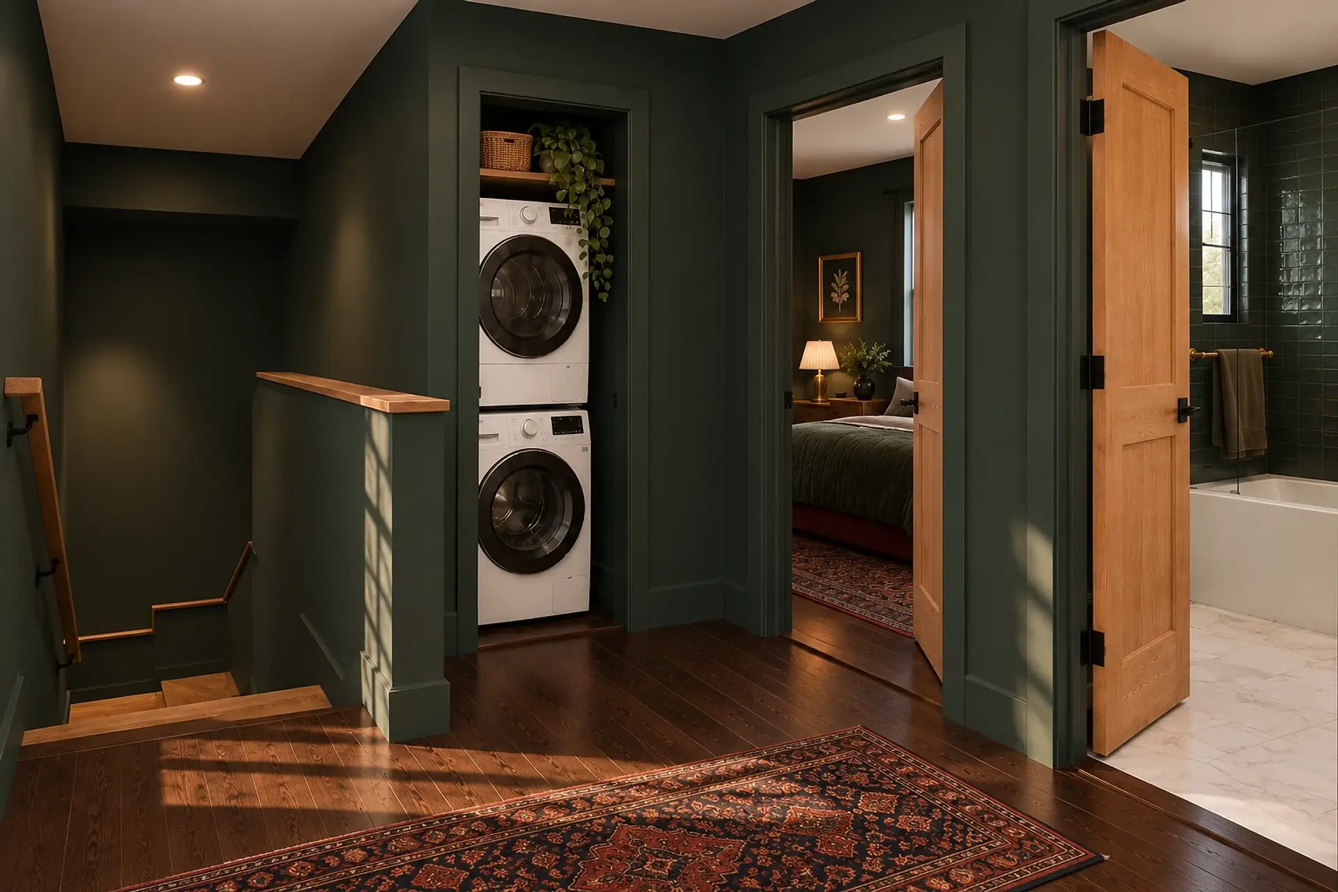 Rendering of the ADU 612 upstairs hall in the Forest Velvet finishes: the stair down on the left with its oak cap, the white stacked washer and dryer in a forest-green alcove, the bedroom and bath doors open side by side, and a vintage runner.