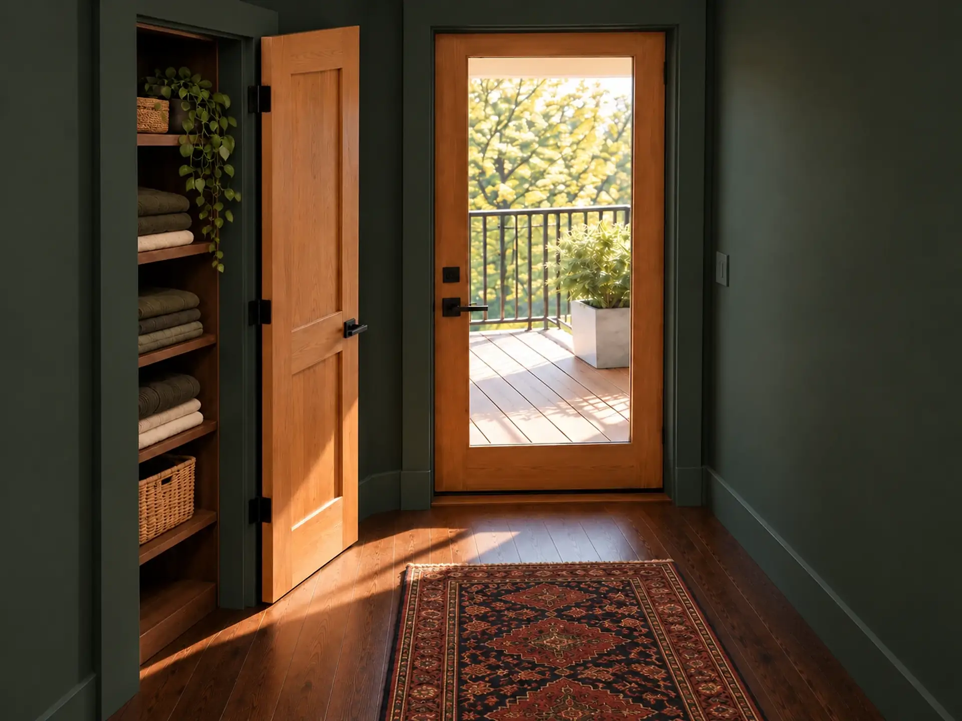 Rendering of the ADU 612 upstairs hall toward the deck in the Forest Velvet finishes: the open linen closet with walnut shelves on the left, forest-green walls, a vintage runner, and the glass door onto the deck ahead.
