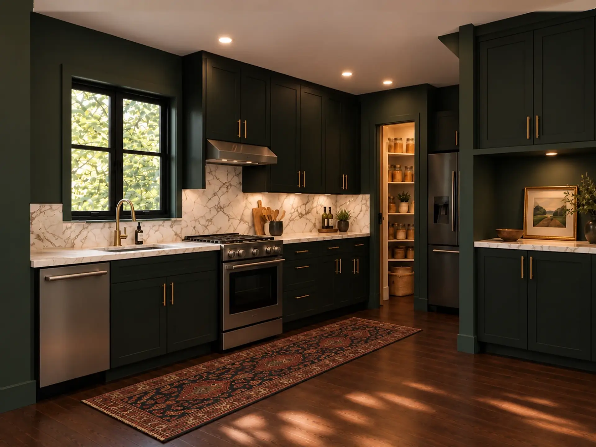 Rendering of the ADU 612 kitchen in the Forest Velvet finishes: black-green cabinets with brass pulls, a marble slab backsplash, the sink under the window with a brass faucet, the range under its hood, the pantry's shelves, the refrigerator and the built-in, with a vintage runner on the espresso floor.