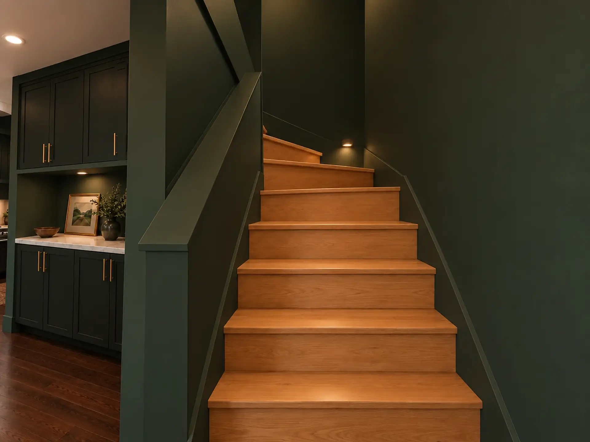 Rendering of the ADU 612 stair in the Forest Velvet finishes: light-oak treads and risers climbing between forest-green walls and turning at the top, with the black-green built-in and its brass pulls on the left.