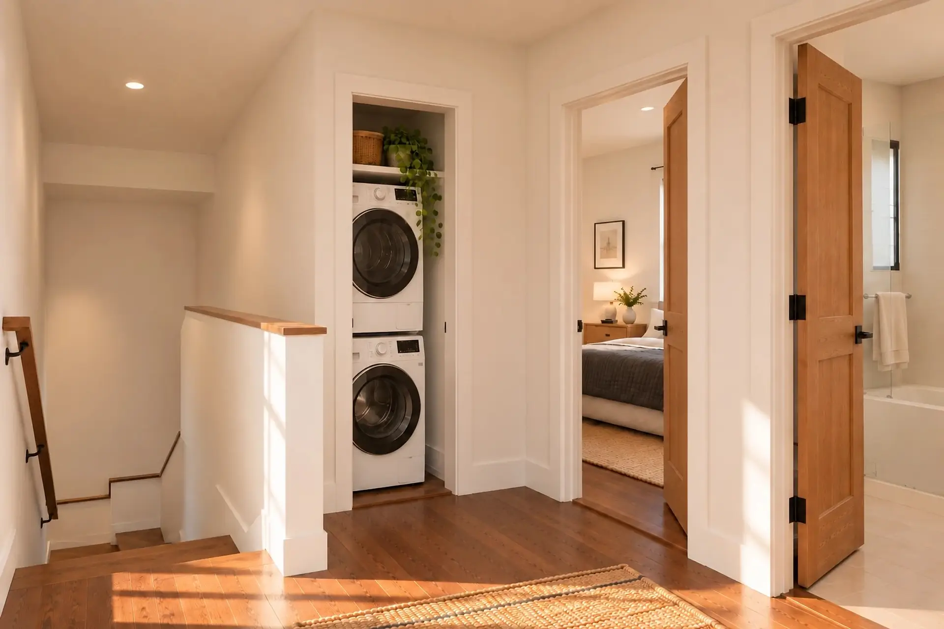 Rendering of the ADU 612 upstairs hall: the stair down on the left, the stacked washer and dryer in an open alcove, and the bedroom and bath doors side by side.