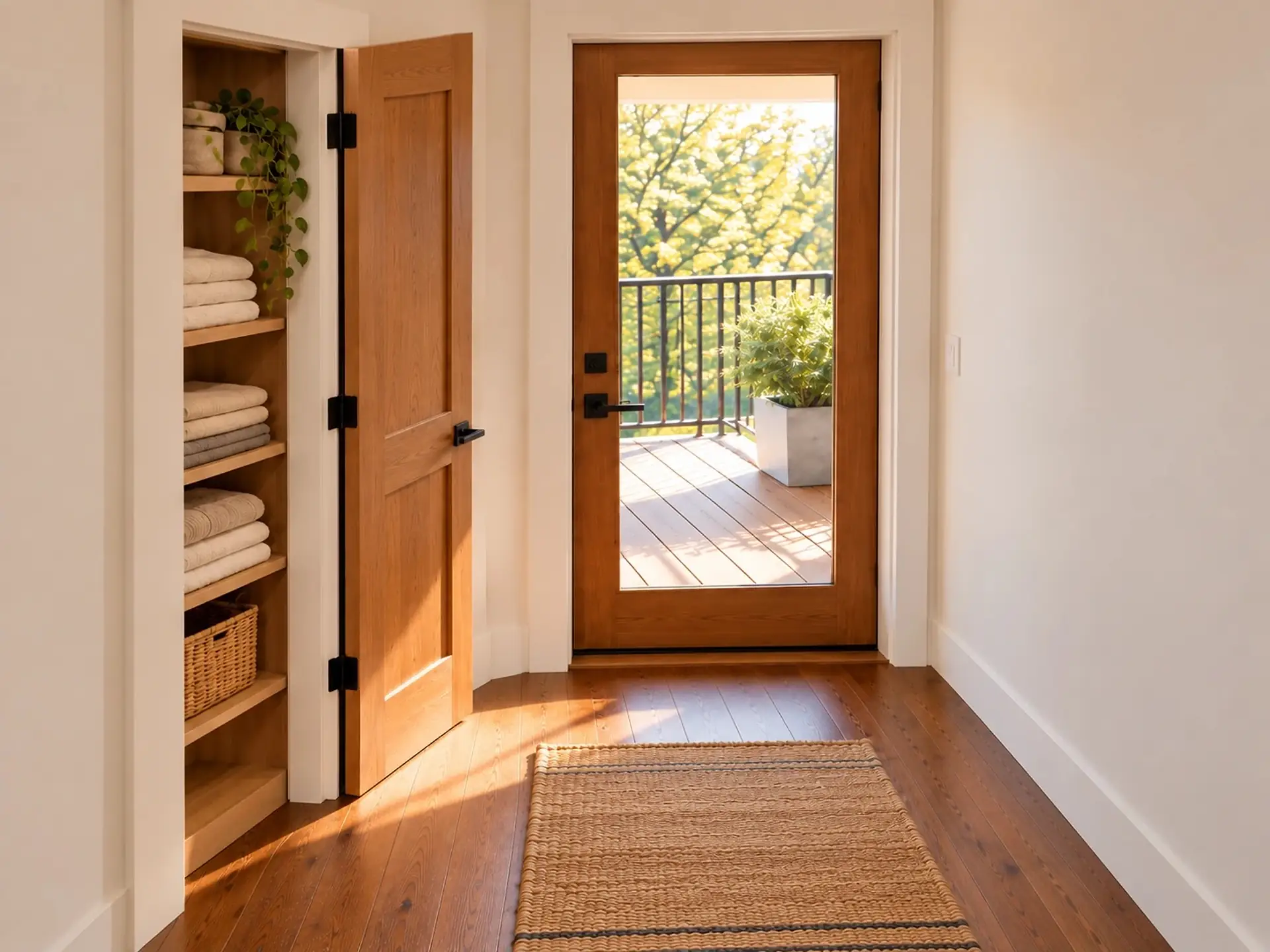 Rendering of the ADU 612 upstairs hall toward the deck: an open linen closet on the left and a glass door onto the deck ahead.
