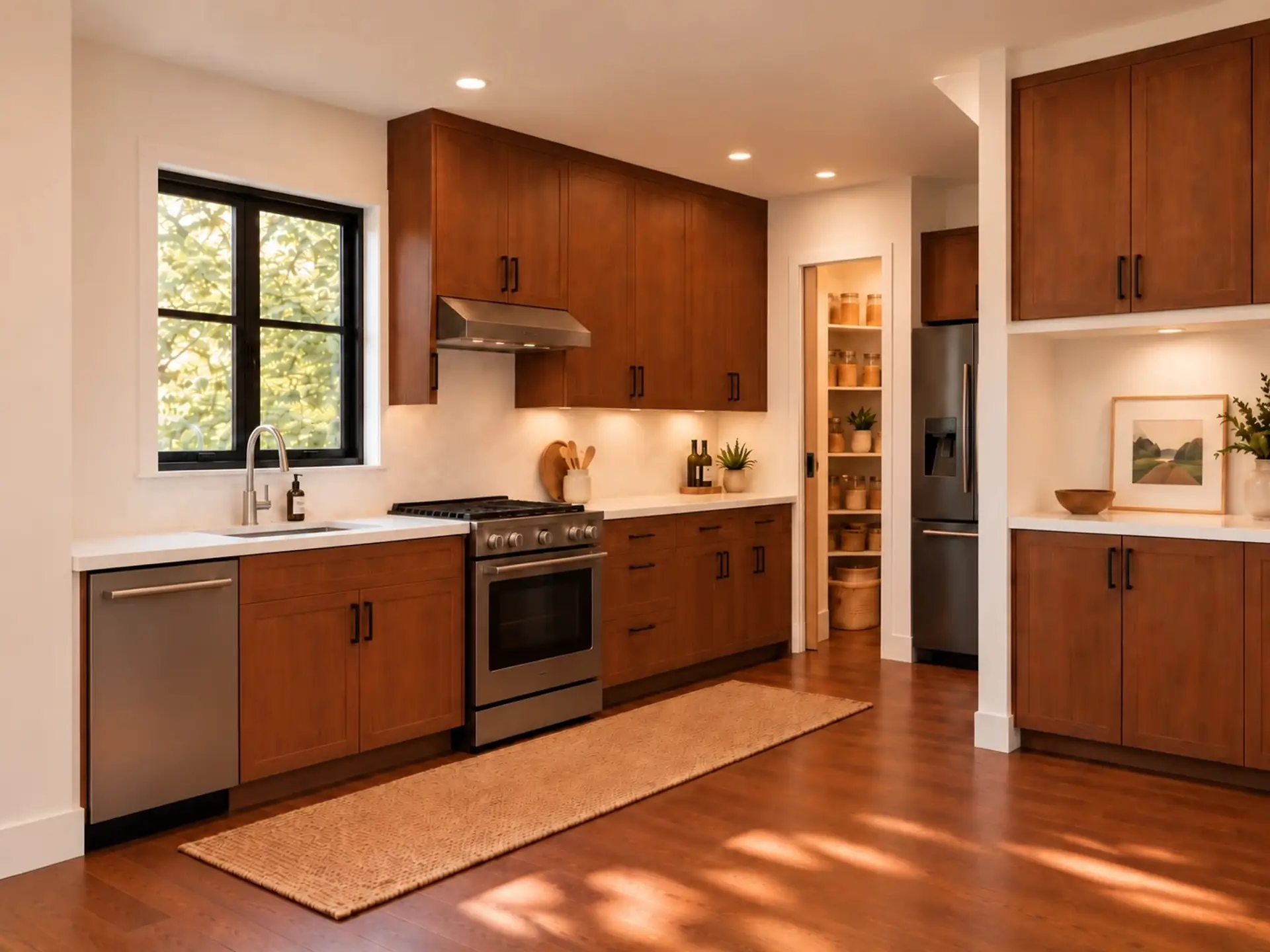 Rendering of the ADU 612 kitchen: dishwasher, sink under the window and range in one run, the pantry with its pocket door, the fridge, and the built-in on the right.