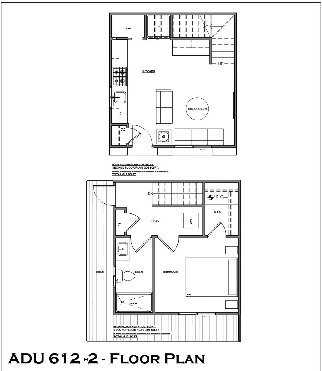 Floor plans of the ADU 612. Main floor: kitchen along the side wall, pantry, fridge and stair at the back, great room at the front. Second floor: hall with laundry, bath, bedroom with a walk-in closet, and a deck on two sides.