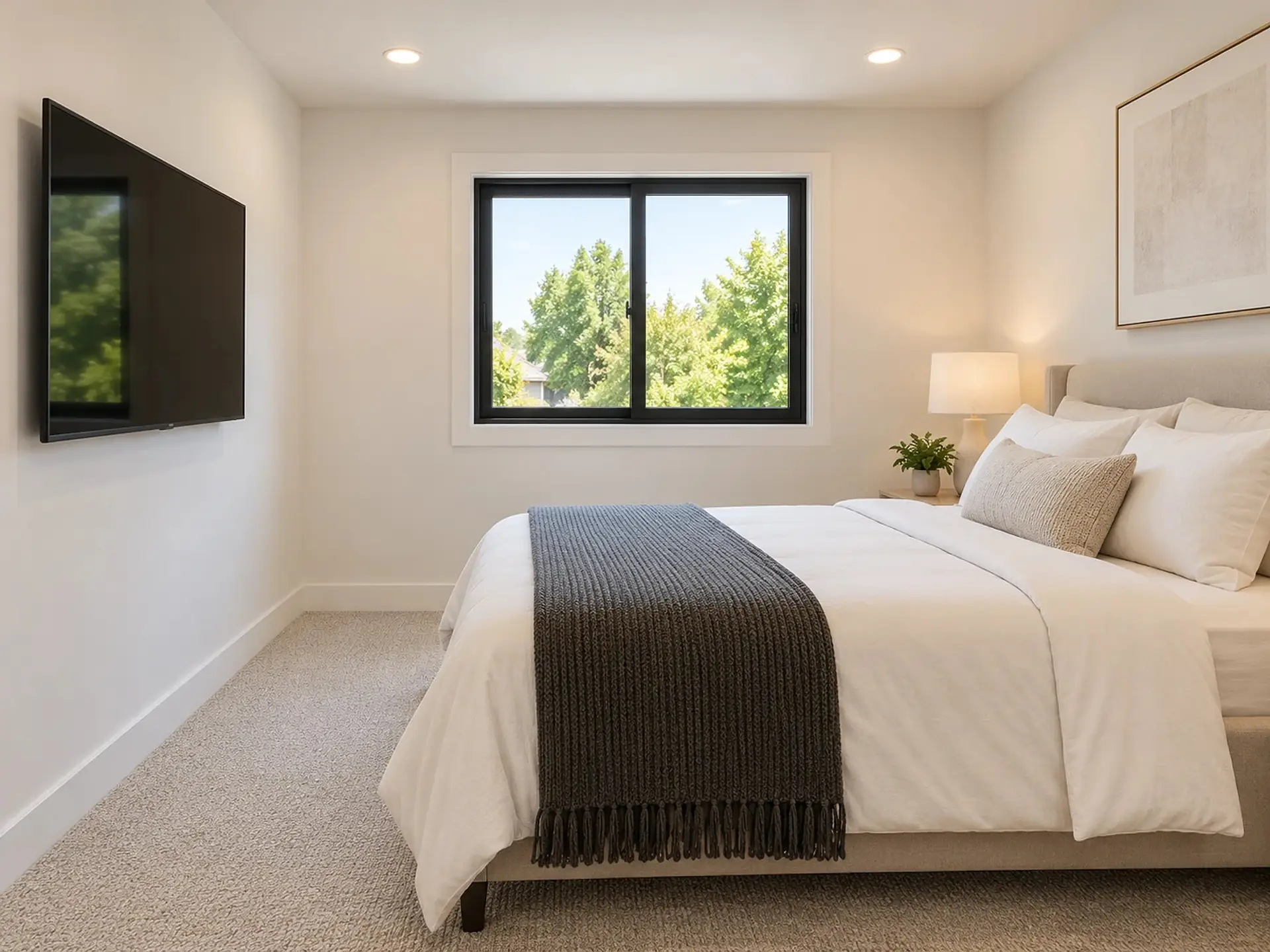 Rendering of the ADU 730 upstairs bedroom: a queen bed against the right-hand wall, the TV on the left wall, and a wide black-framed window centered on the front wall.