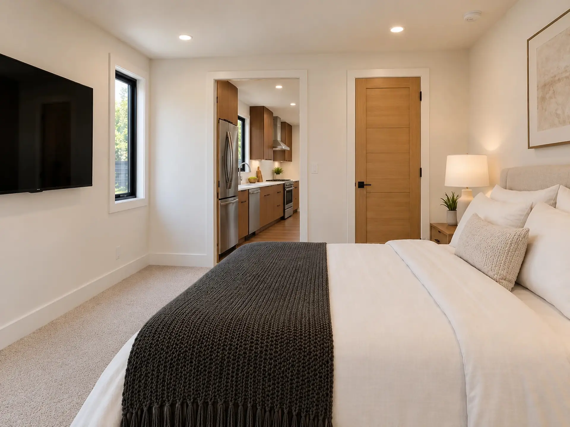 Rendering of the ADU 730 downstairs bedroom toward the kitchen: the TV and a narrow window on the left wall, the open doorway to the walnut kitchen ahead, the oak closet door beside it, and the bed on the right.