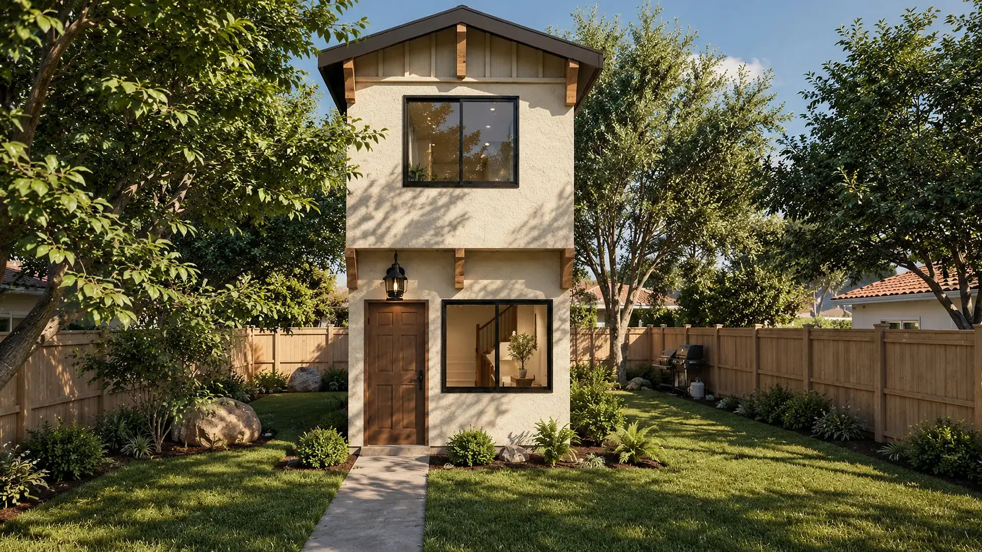 Rendering of the ADU 730 front in the craftsman style: board-and-batten siding in the gable, wood brackets under the eaves and the upper floor, a window upstairs, and a wood six-panel front door under a lantern beside a wide window.