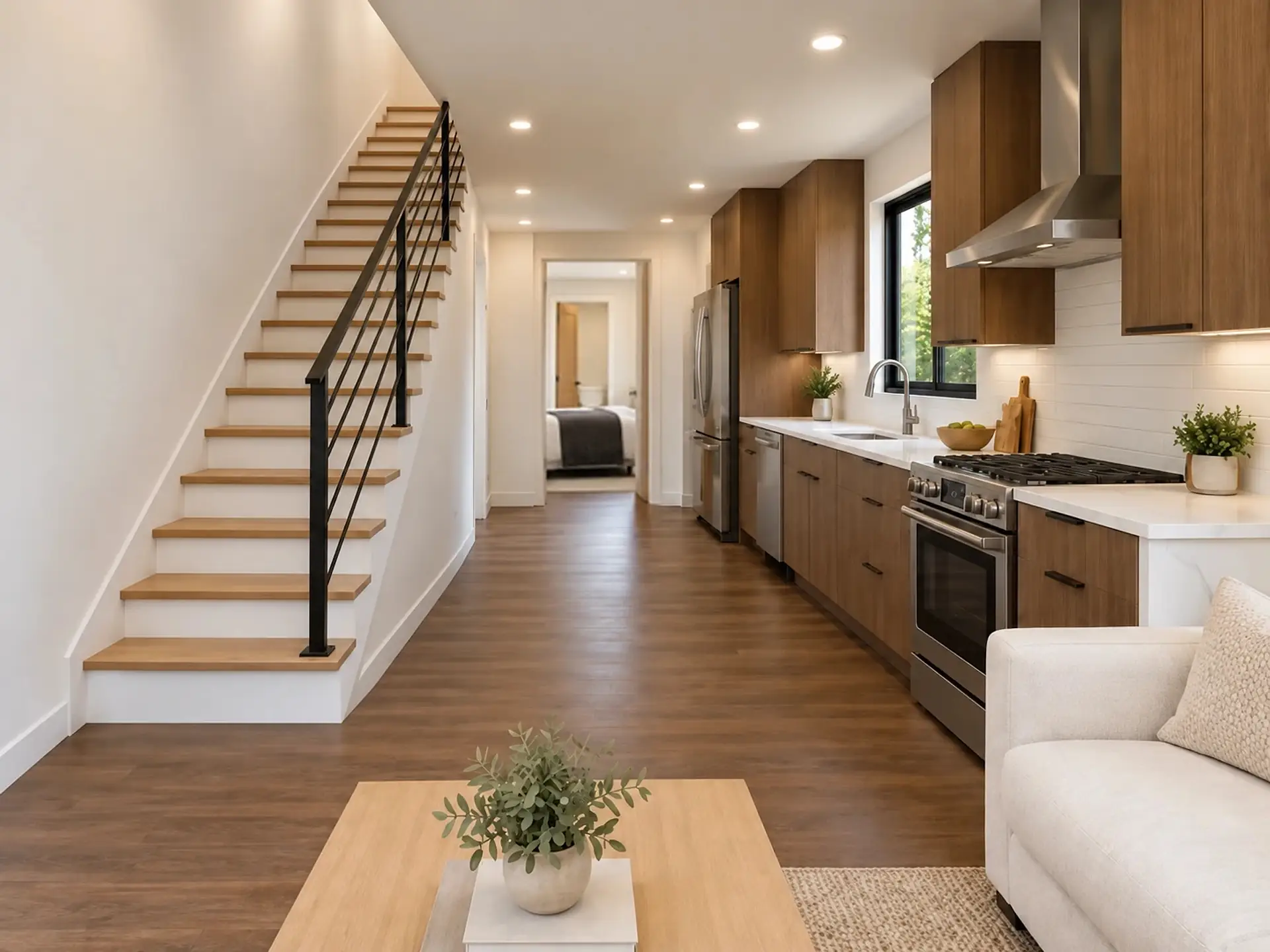 Rendering of the ADU 730 great room toward the back: a white sofa and an oak coffee table in front, the oak stair with a black railing along the left wall, the kitchen in one run on the right with walnut cabinets, the range, the sink under a window, the dishwasher and the fridge, and the open doorway to the bedroom at the far end.