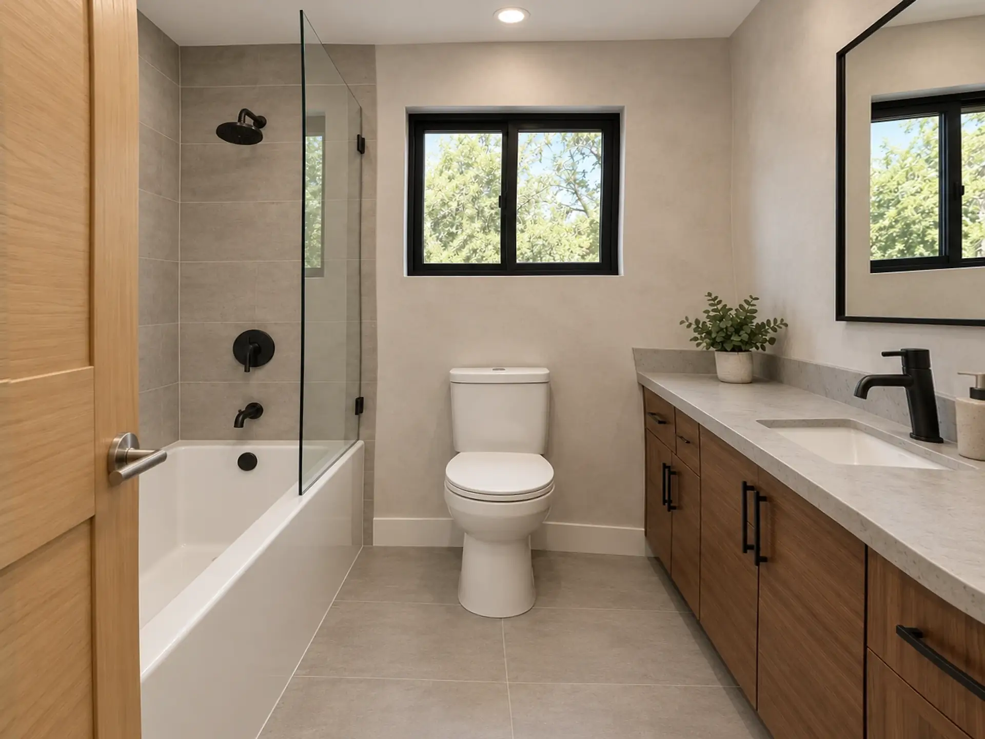 Rendering of the ADU 730 downstairs bath in the Industrial Loft finishes: a tub-shower with a glass panel and concrete-look tile along the left wall, matte black fittings, the toilet under the window, and a walnut vanity with a concrete-look top and a matte black faucet under the black-framed mirror.