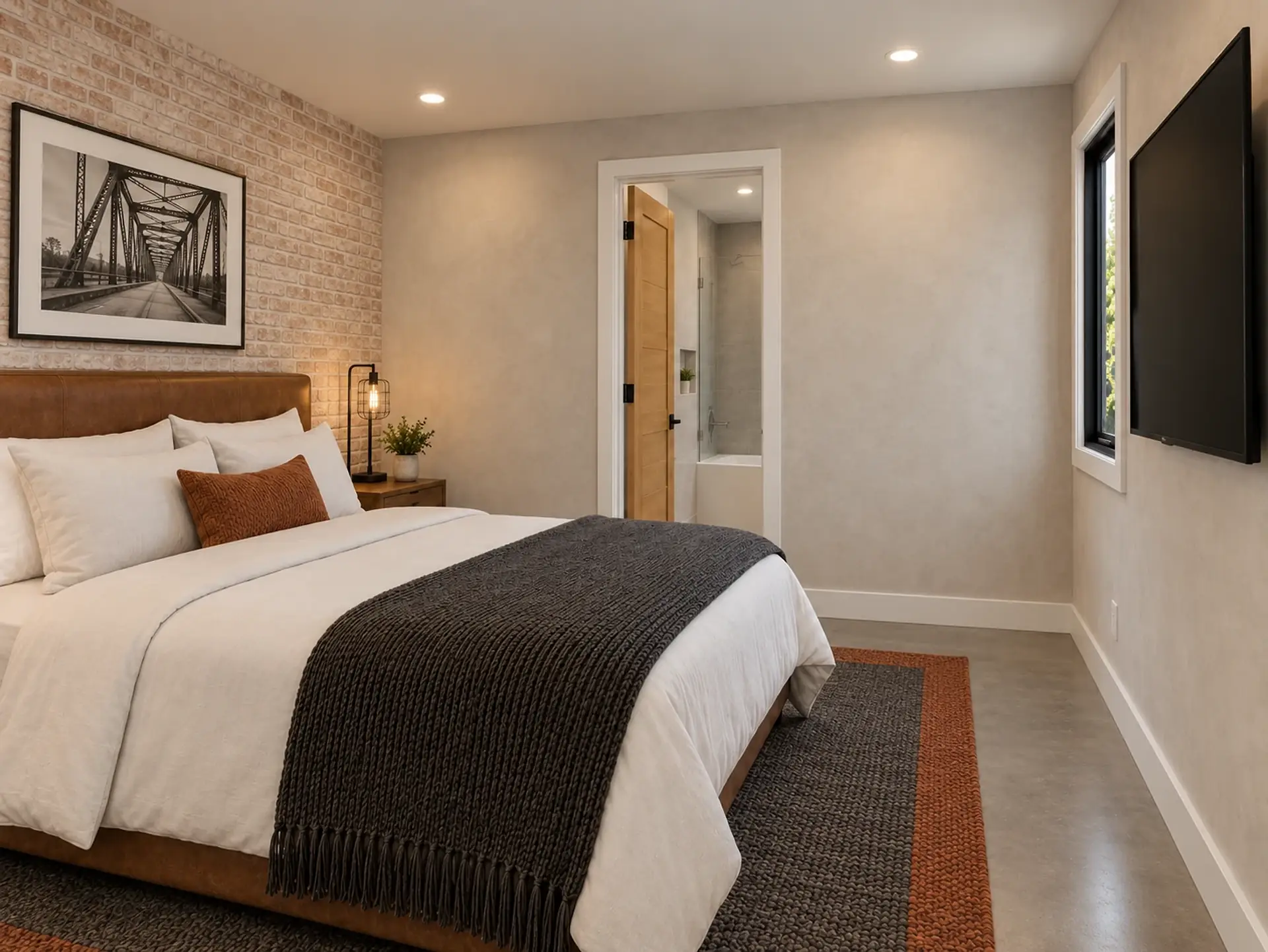 Rendering of the ADU 730 downstairs bedroom in the Industrial Loft finishes: a queen bed with a cognac leather headboard against a whitewashed brick wall under a bridge photograph, white bedding with a charcoal knit throw and a rust pillow, a walnut nightstand with a caged-bulb lamp, the bath door open in the far wall, and the window and the TV on the right.