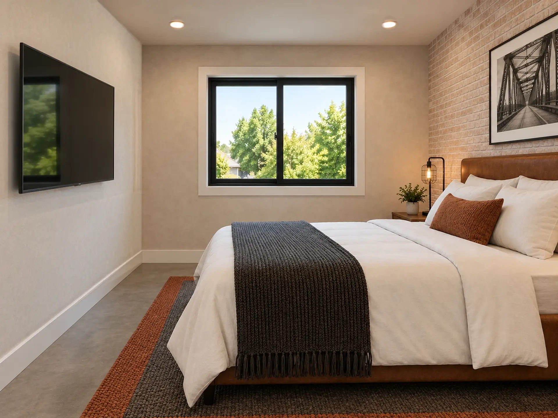 Rendering of the ADU 730 upstairs bedroom in the Industrial Loft finishes: a queen bed with a cognac leather headboard against a whitewashed brick wall under a bridge photograph, white bedding with a charcoal knit throw, the TV on the left wall, and the window centered on the front wall.