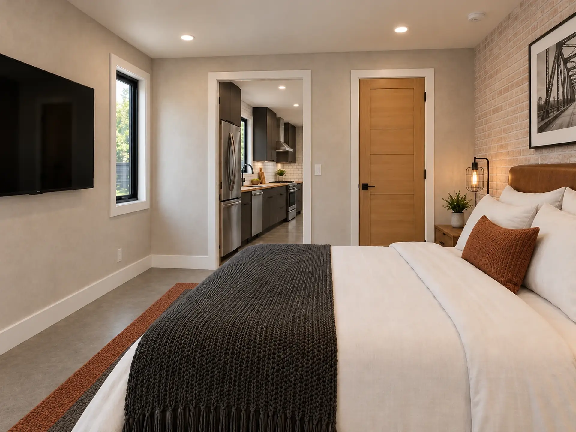 Rendering of the ADU 730 downstairs bedroom toward the kitchen in the Industrial Loft finishes: the TV and a narrow window on the left wall, the doorway to the charcoal kitchen ahead, the light-oak closet door beside it, and the bed with its cognac headboard on the right.