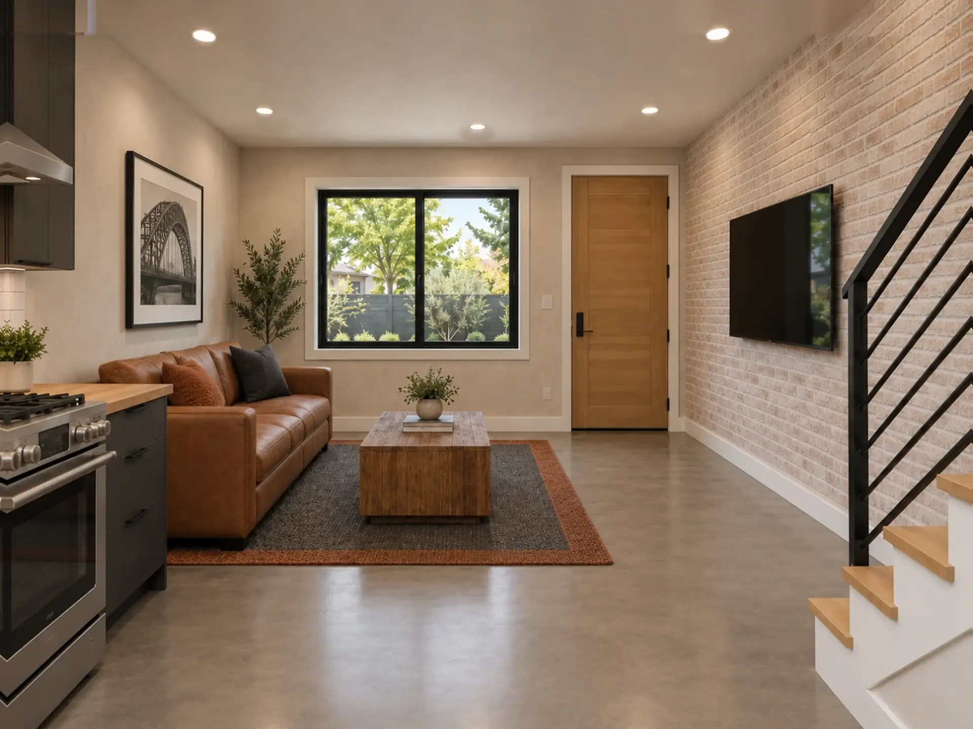 Rendering of the ADU 730 great room toward the front in the Industrial Loft finishes: a cognac leather sofa under a black-and-white bridge photograph, a reclaimed-wood coffee table on a charcoal rug with a rust border, the window and the light-oak front door, the TV on a whitewashed brick wall, and polished concrete floors.