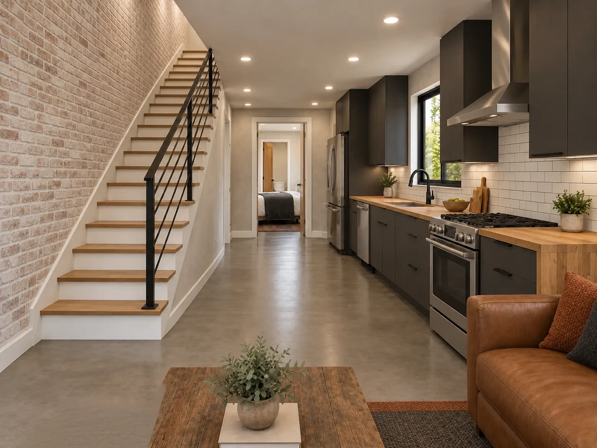Rendering of the ADU 730 great room toward the back in the Industrial Loft finishes: the oak stair with its black railing along a whitewashed brick wall, the kitchen in one run of matte charcoal cabinets with butcher-block counters and white subway tile, the bedroom through the doorway at the end, a cognac leather sofa and a reclaimed-wood coffee table in front, and polished concrete floors.